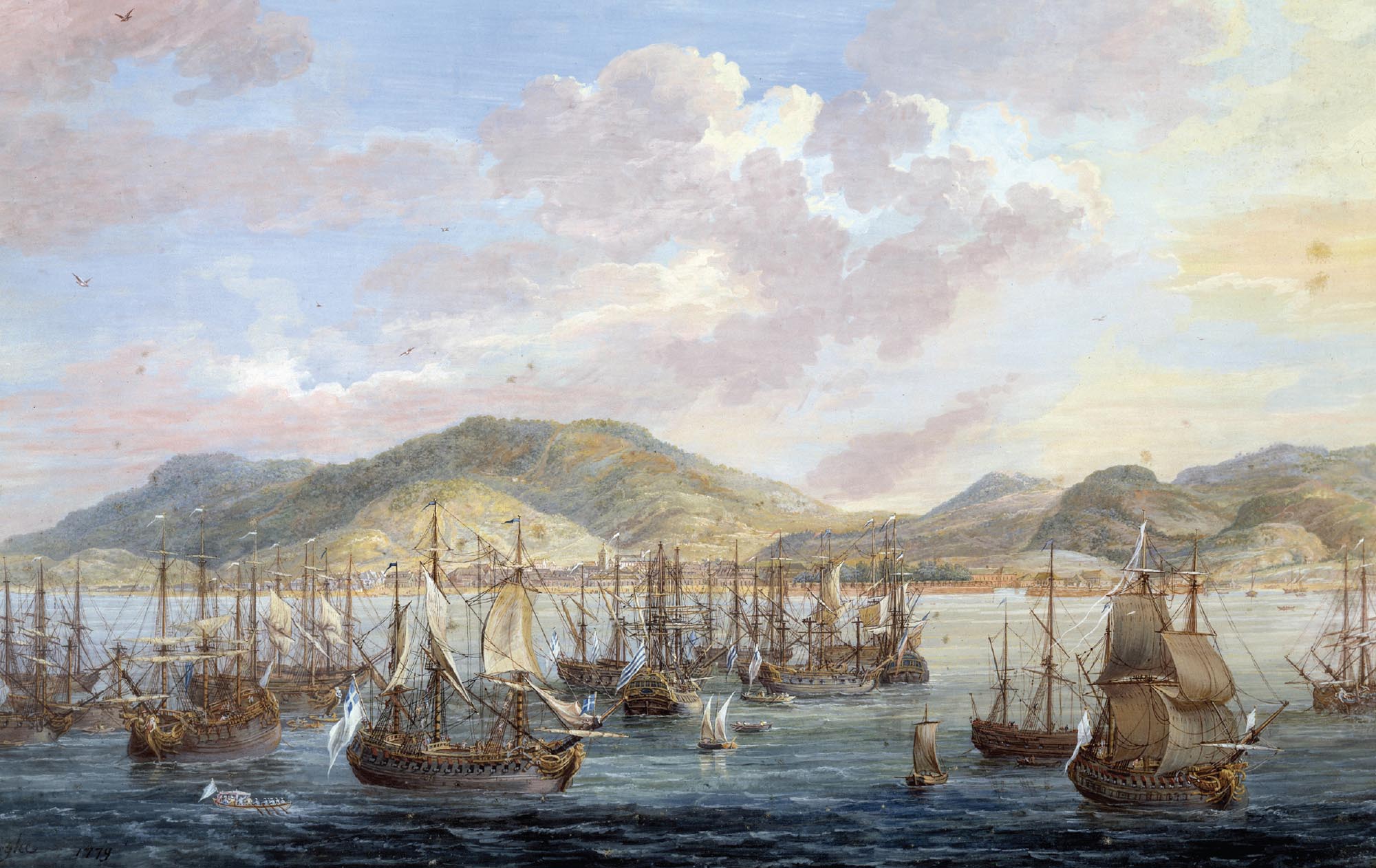 Painting of a crowded harbor with sailing ships at anchor with green hills in the background.