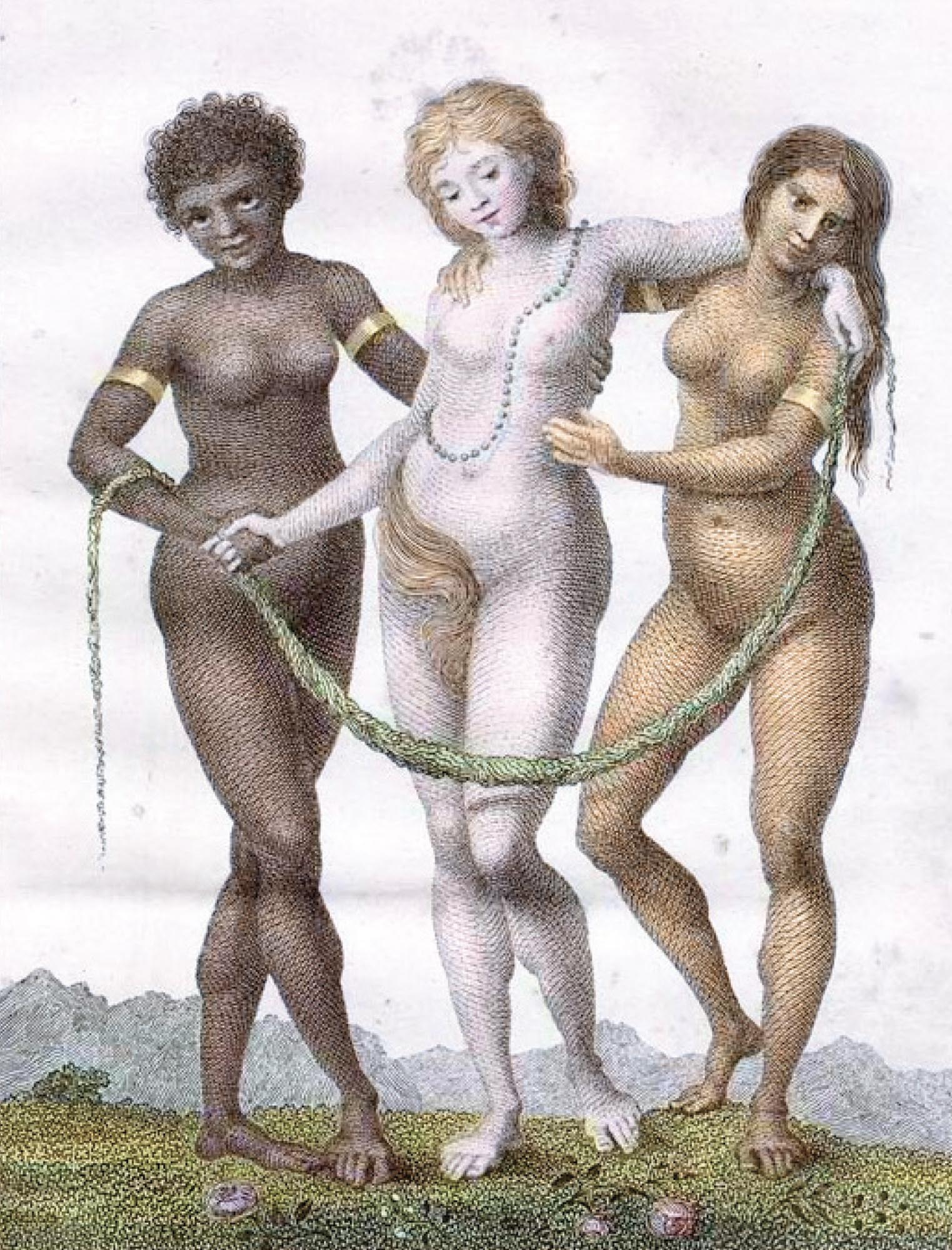 Two naked women stand supporting a third between them.
