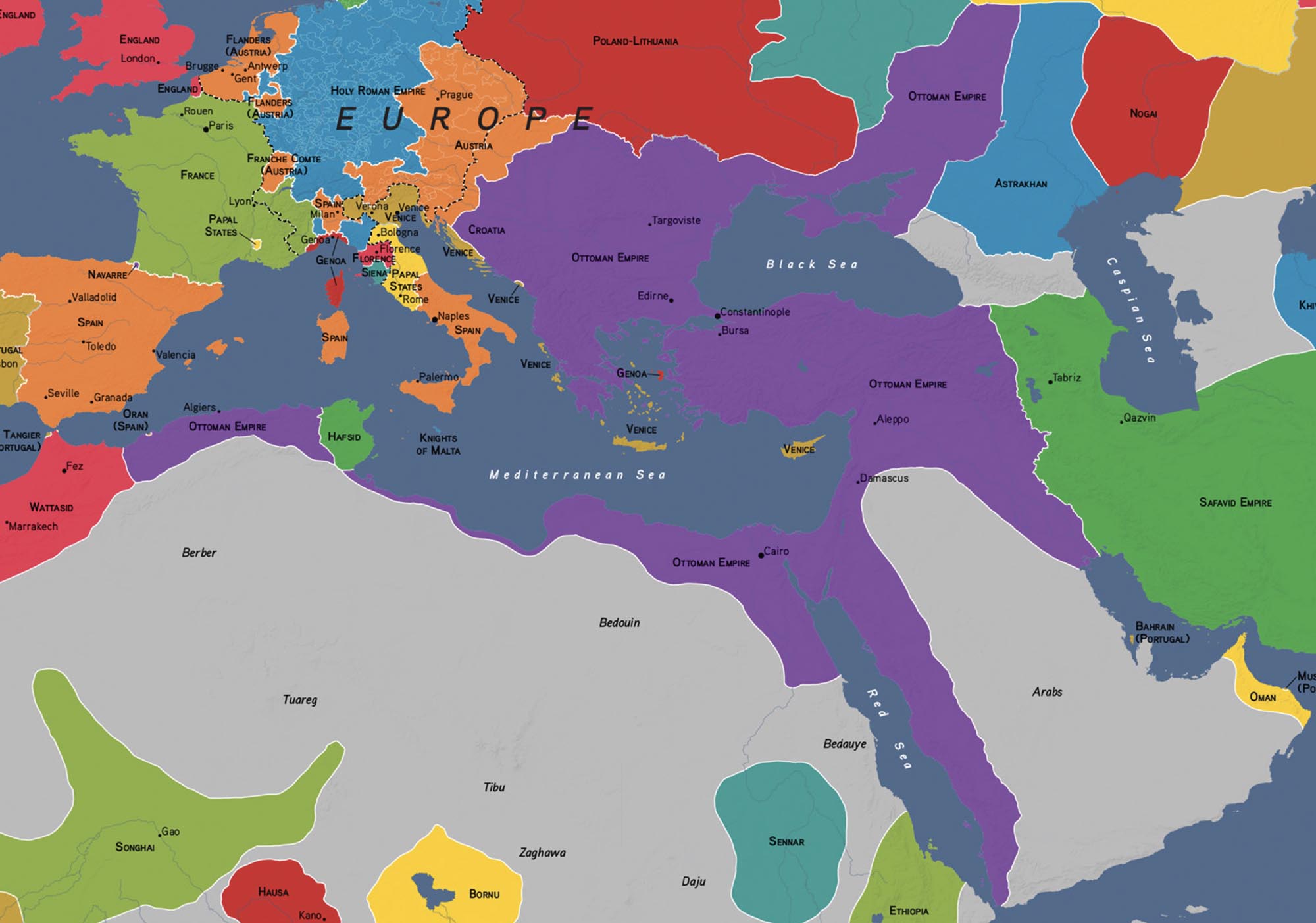 Map of North Africa, Eastern Europe, and parts of the Middle East showing areas  of the Ottoman Empire.