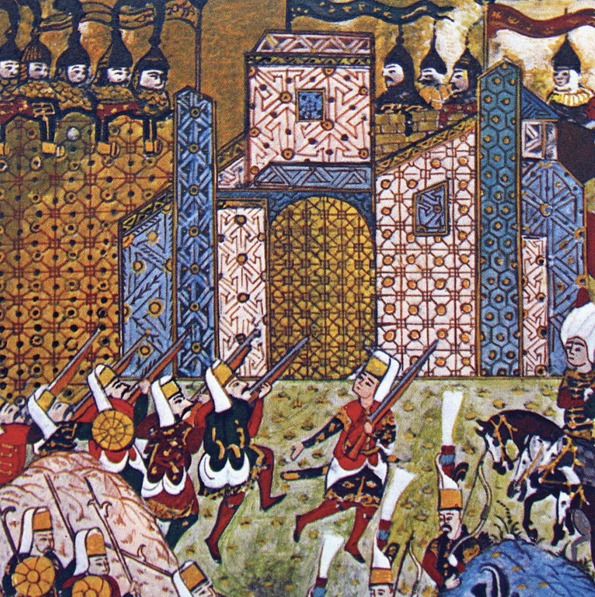 Painting of a crowd of soldiers outside the walls of a city with soldiers inside on parapets.