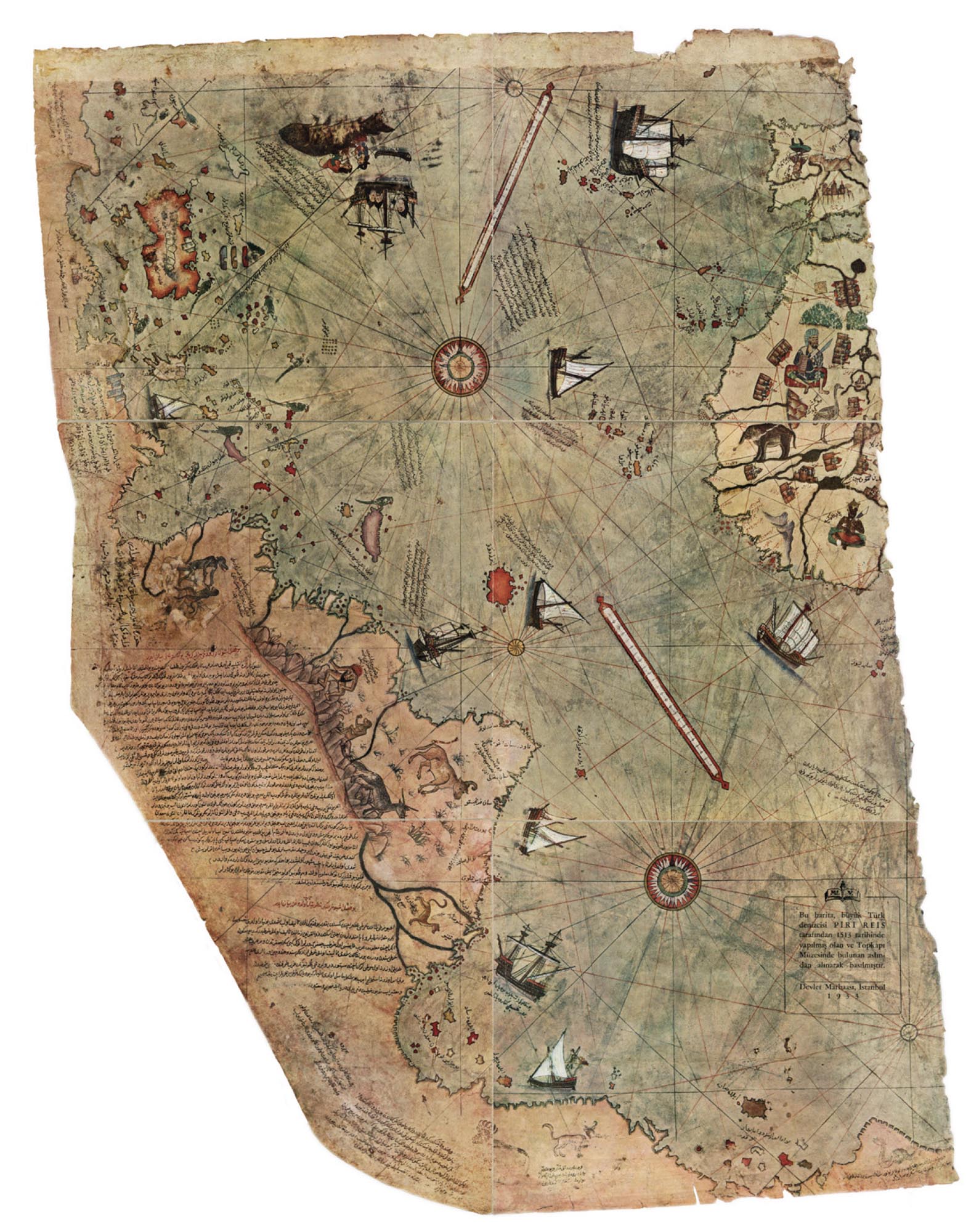 Portion of an old map showing the western coasts of Europe and North Africa and the coast of Brazil with reasonable accuracy