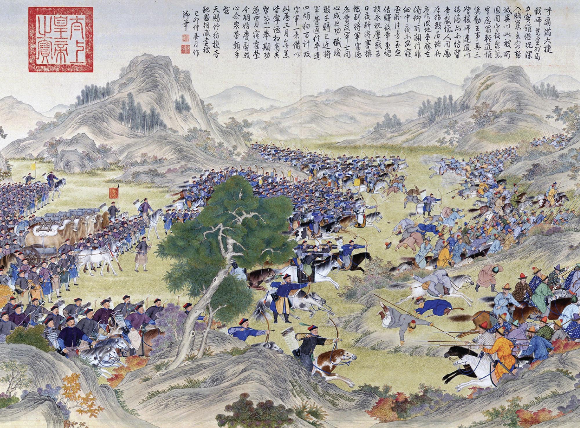 A detailed painting depicts a battle taking place in a mountainous region. One side is clearly winning the battle, with many dead or injured on the other side