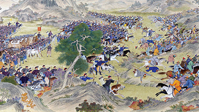 A detailed painting depicts a battle taking place in a mountainous region. One side is clearly winning the battle, with many dead or injured on the other side