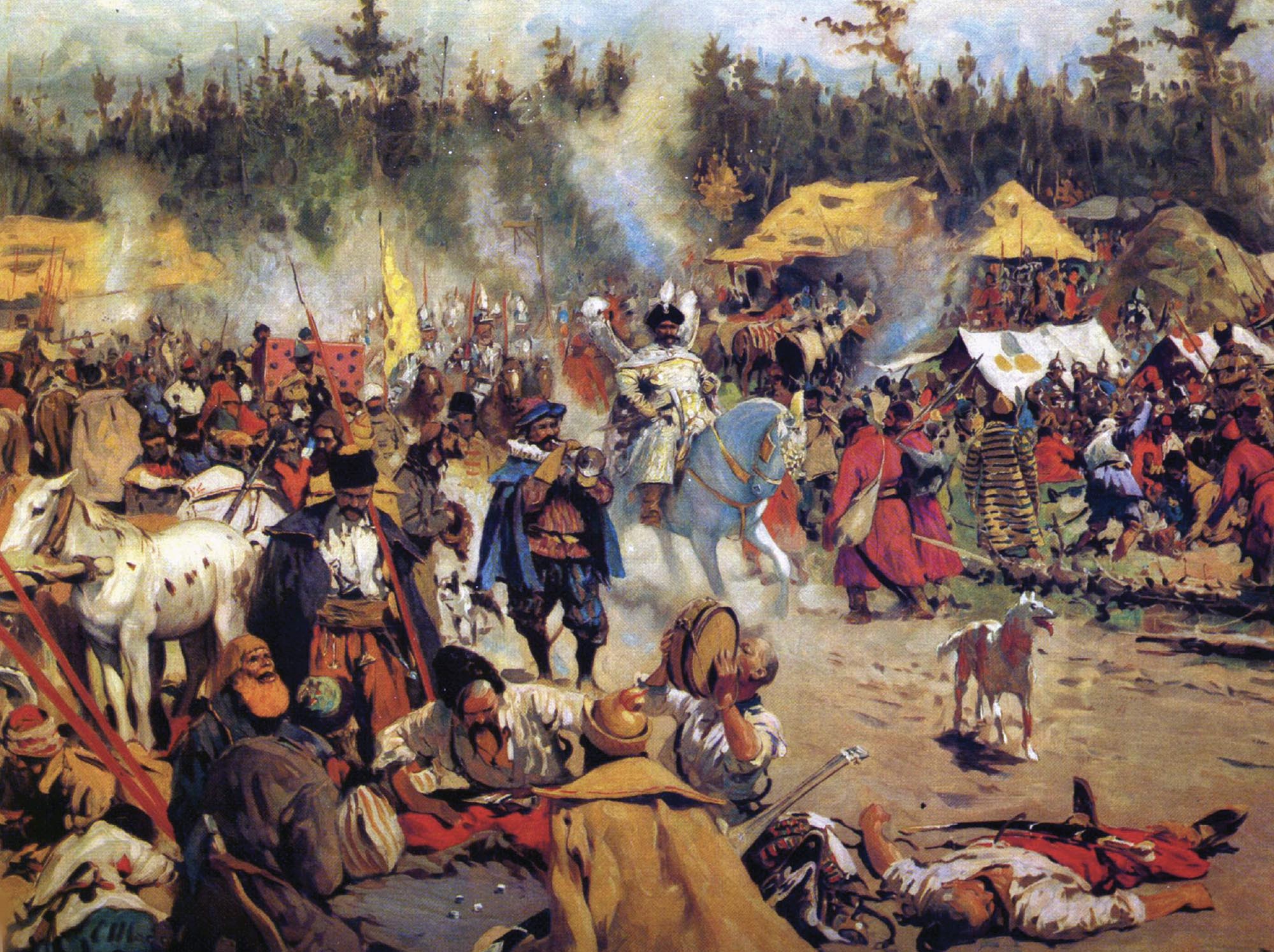 A vivid painting depicts a smoky post-battle scene. Some people are injured or dead, and a man on horseback rides through the middle of the scene accompanied by a trumpet player on foot.
