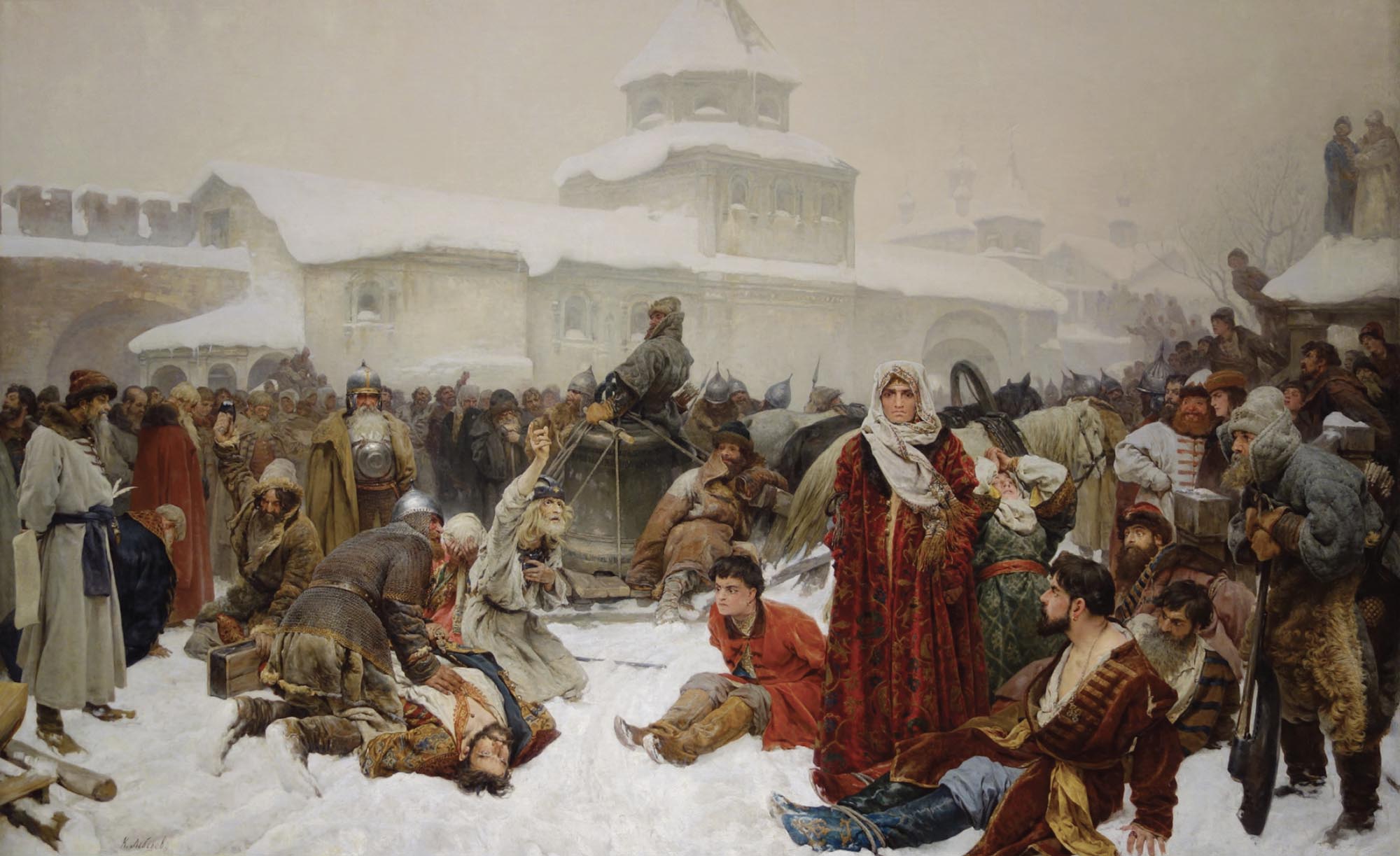 The conquering of the city of Novgorod by Ivan III shows a crowd of wounded and dead.