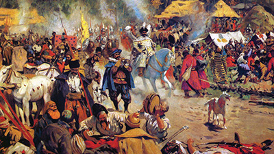 A vivid painting depicts a smoky post-battle scene. Some people are injured or dead, and a man on horseback rides through the middle of the scene accompanied by a trumpet player on foot.