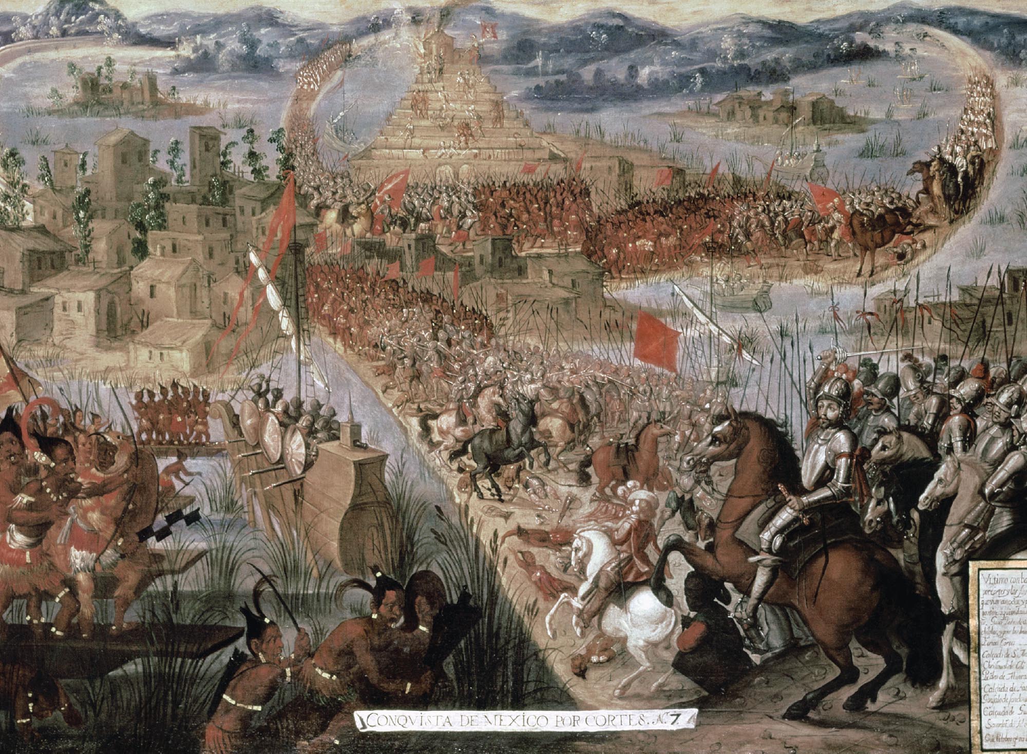 Very detailed painting depicts the bloody taking of Tenochtitlan by Spanish soldiers.