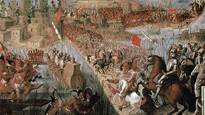 Very detailed painting depicts the bloody taking of Tenochtitlan by Spanish soldiers.