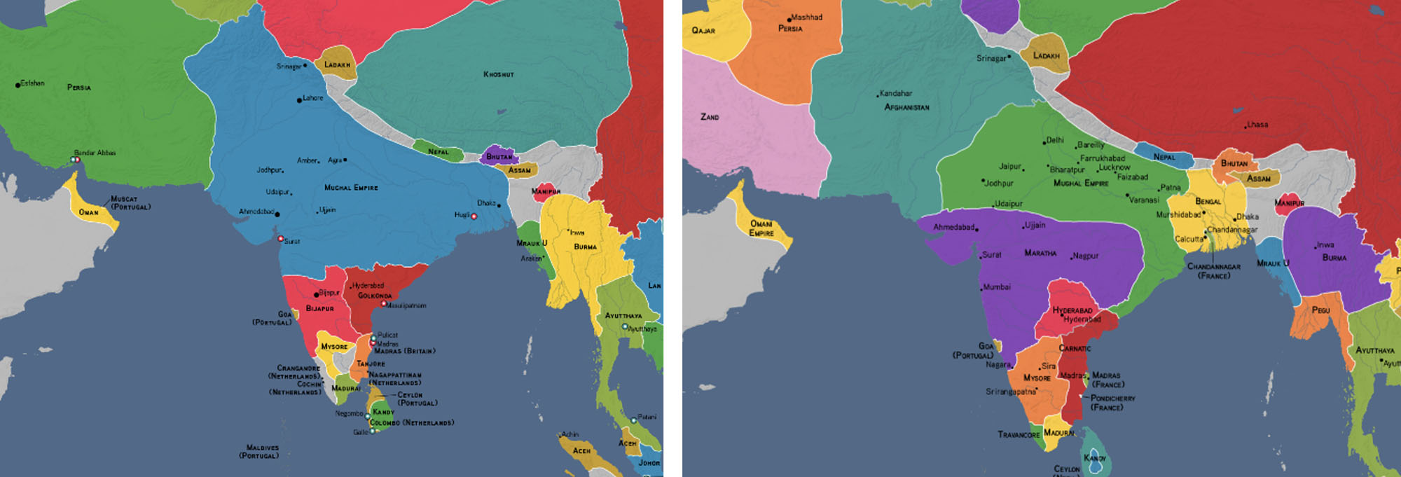 Two side-by-side maps of South Asia showing the Mughal Empire’s territory. On the left (1650), most of northern and central India is shaded as one large empire. On the right (1750), the empire’s territory is smaller, with many surrounding regions shown in different colors representing other powers.