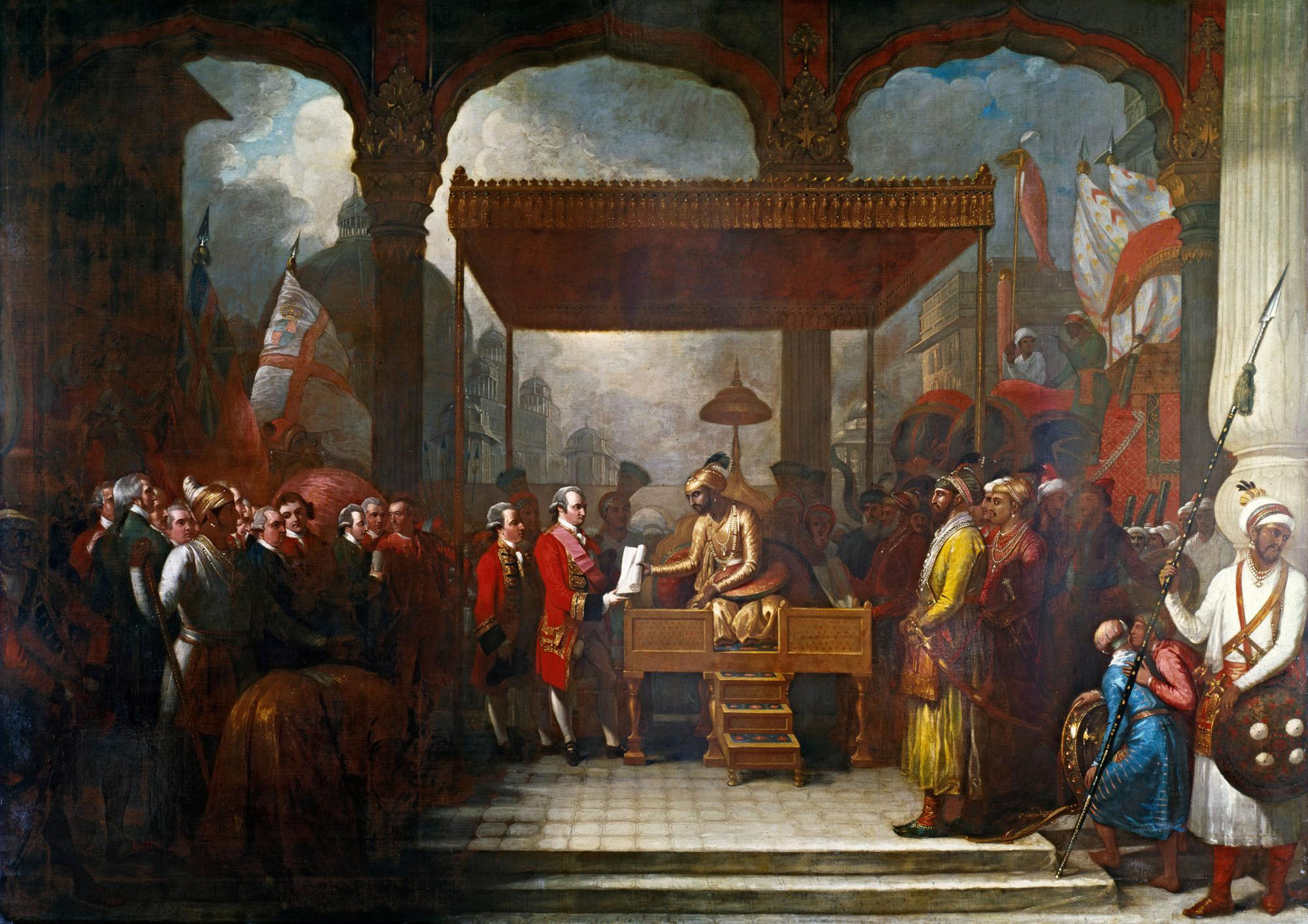 A painting showing a Mughal emperor seated on a golden throne beneath a canopy, surrounded by attendants and soldiers. To the left, a European figure in red military dress stands before him while a crowd fills the scene with flags and weapons.