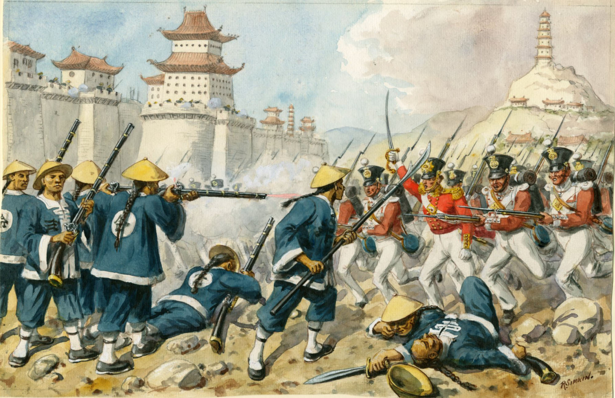 A battle scene showing Chinese soldiers in blue tunics and conical hats firing rifles and wielding swords against advancing British troops in red and white uniforms. Fallen soldiers lie on the ground, with fortified walls and pagoda-style buildings in the background.