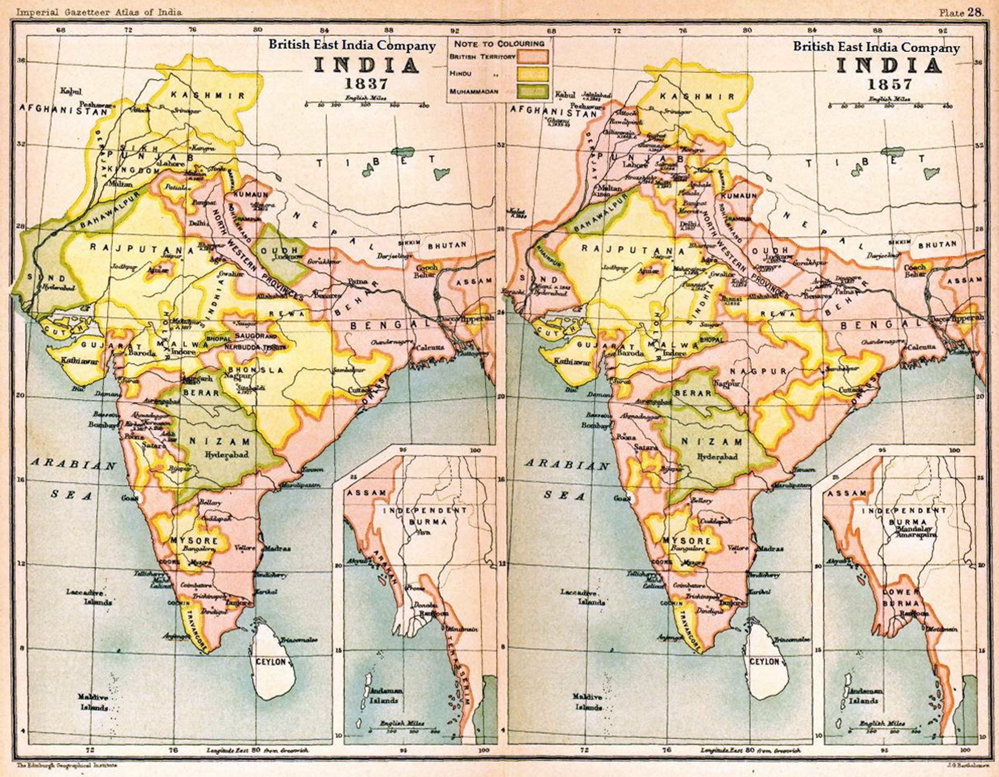 Two maps of India comparing 1837 (left) and 1857 (right). In both, regions controlled by the British East India Company are shaded pink. The 1857 map shows a larger area of pink, indicating significant territorial expansion compared to 1837.