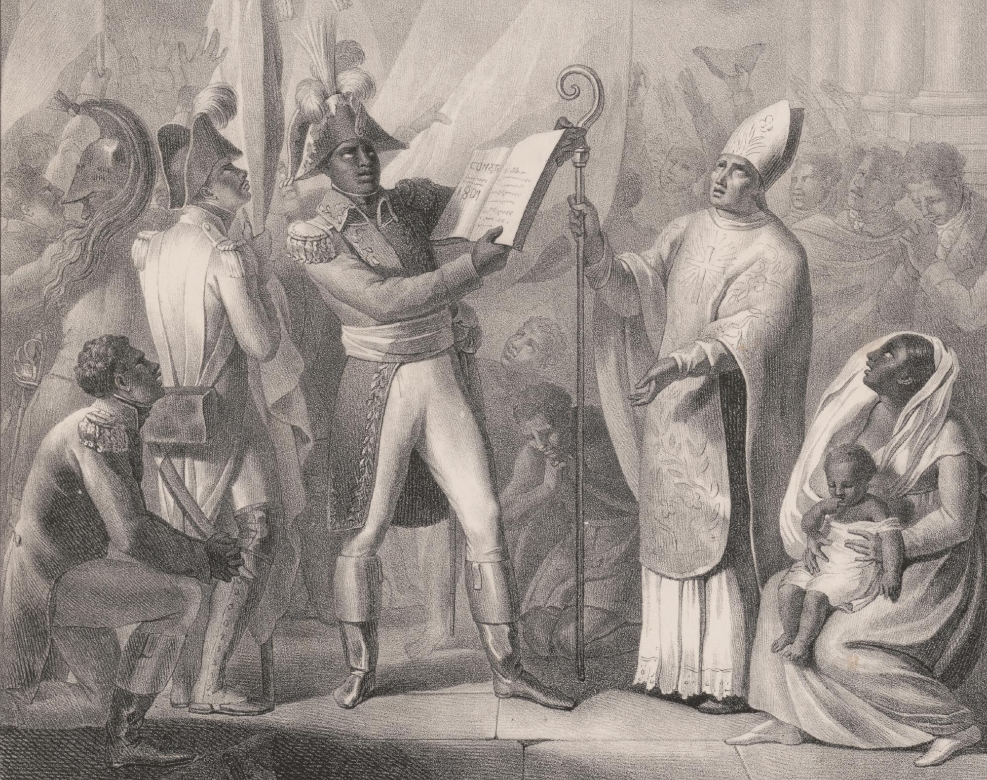 Print shows a Haitian military officer, holding a printed copy of the Constitution of 1801, standing opposite a bishop appealing to an image of God or Moses in the heavens, with other Haitians and soldiers gathered around