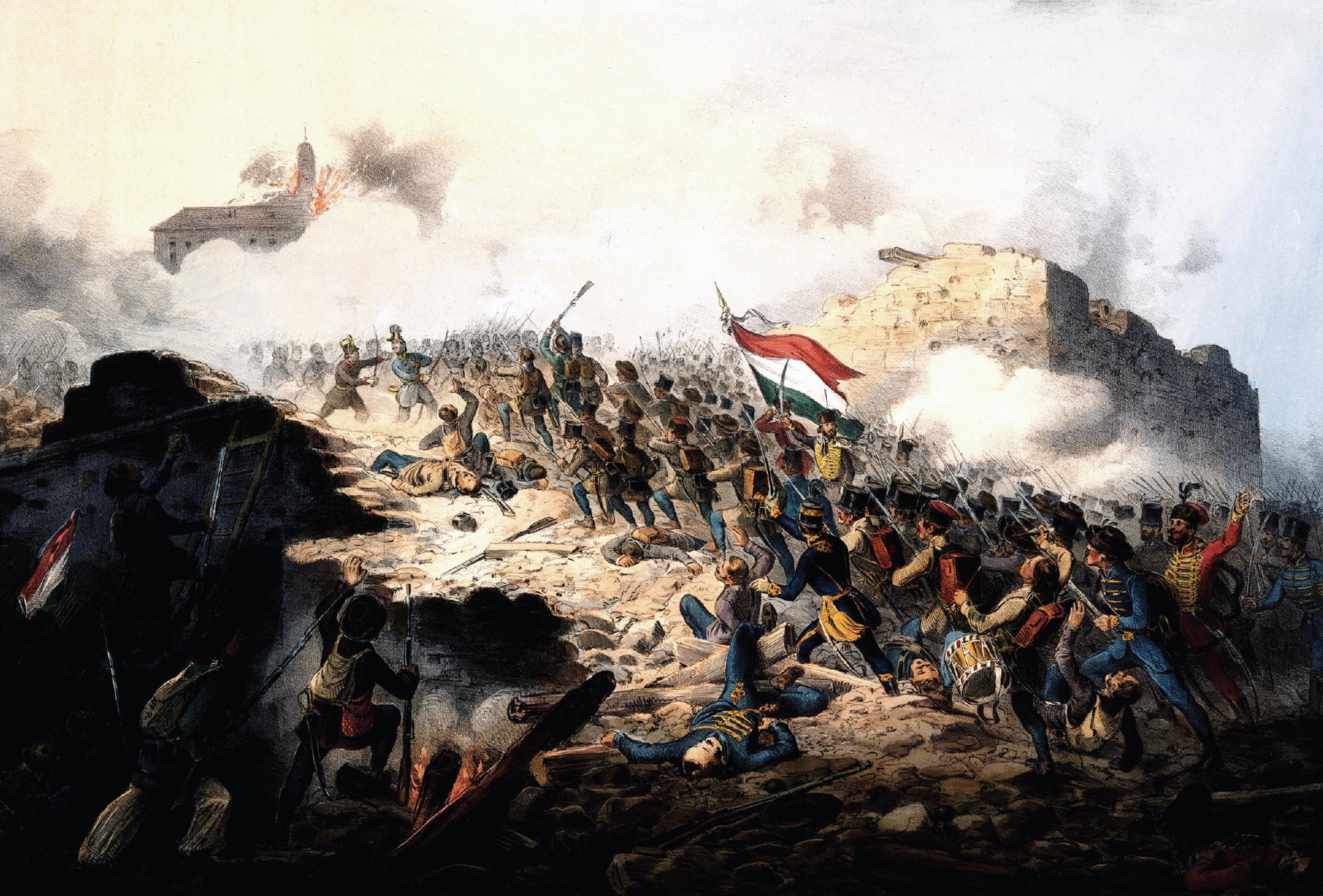 Painting of a dramatic battle scene with forces of the Holy League and the Ottoman Empire carrying flags and fighting. A building explodes in the background.