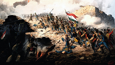 Painting of a dramatic battle scene with forces of the Holy League and the Ottoman Empire carrying flags and fighting. A building explodes in the background.
