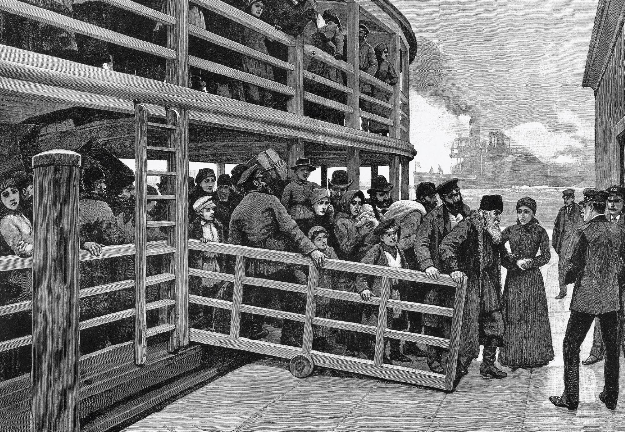 Engraving of Russian immigrants descending a gangway to arrive in New York City.