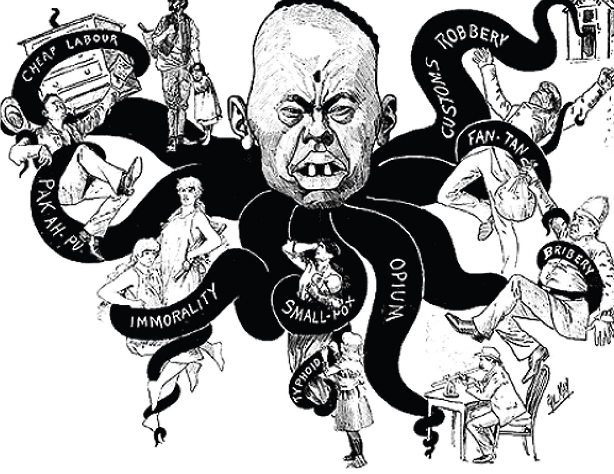 Anti-immigrant cartoon with an offensive depiction of a Chinese man with octopus arms with labels such as opium, cheap labor, bribery, and more.
