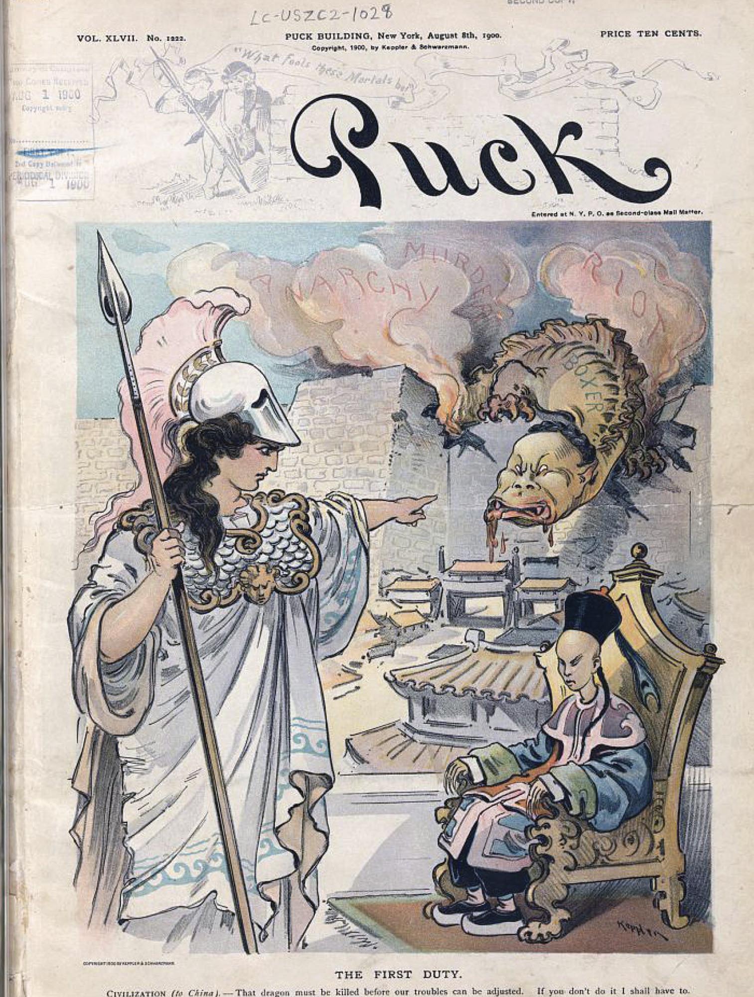 A propaganda image shows a white European person pointing at a dragon behind a crudely caricatured Chinese man sitting in a throne. Clouds behind the dragon read “anarchy”, “murder”, and “riot”. The drawing caption reads “Civilization (to China) -- that dragon must be killed before our troubles can be adjusted. If you don’t do it I shall have to.”