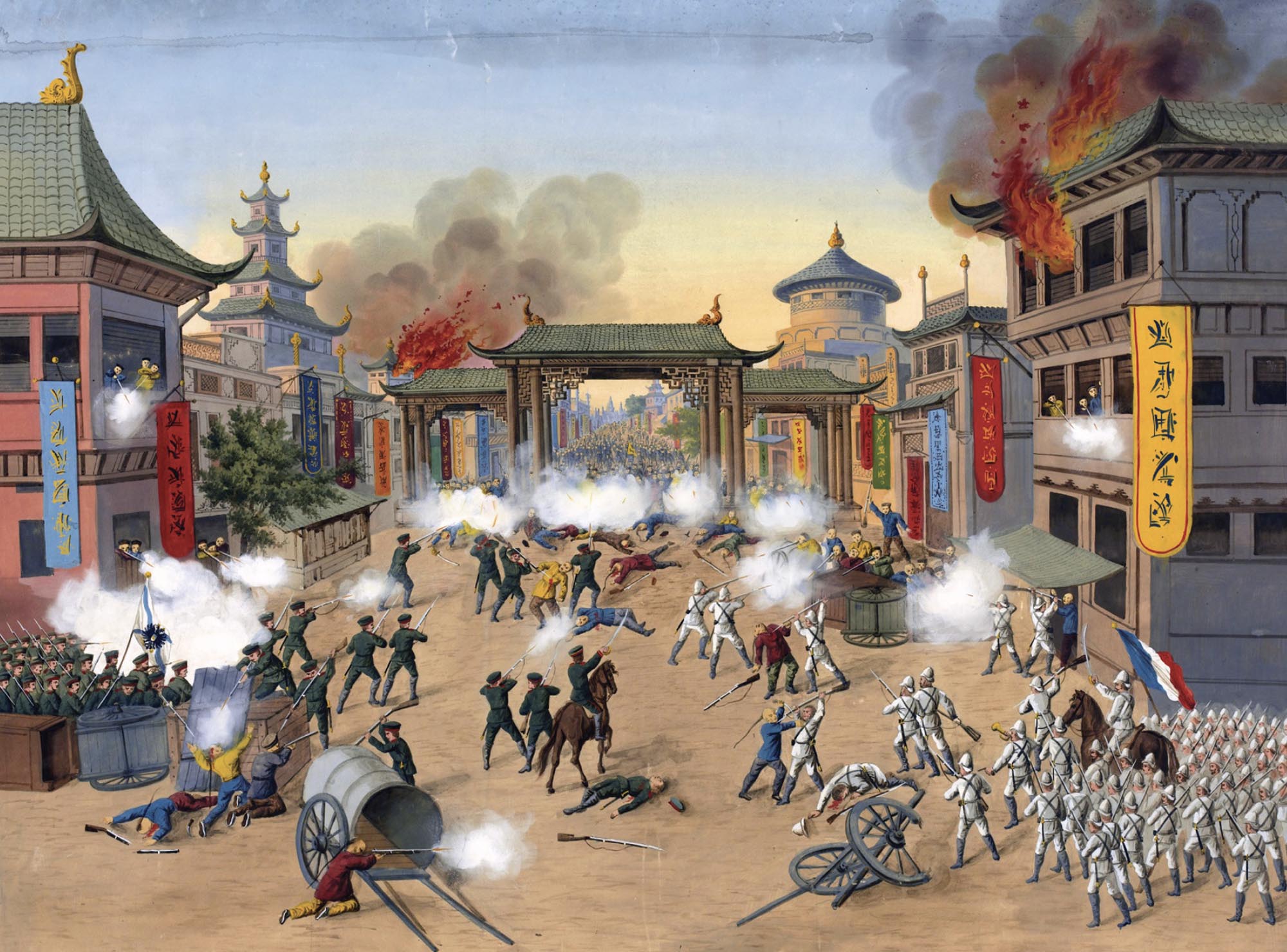 Chaotic street battle scene showing peasant fighting well-equipped and armed soldiers in rows. Explosions, burning buildings, gun smoke, and bodies lying on the ground.
