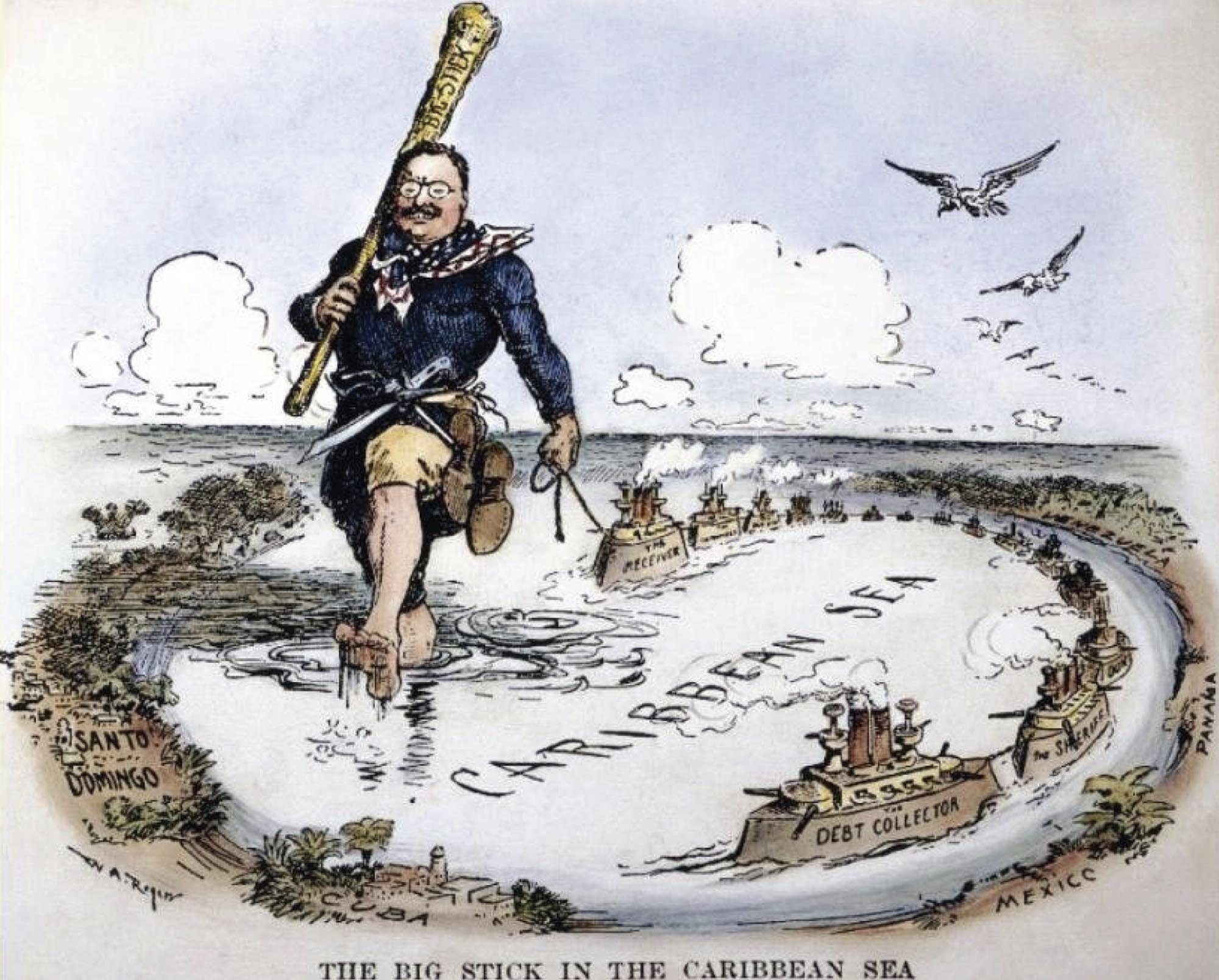 Satirical cartoon of a giant Theodore Roosevelt walking through the Caribbean carrying a big stick.