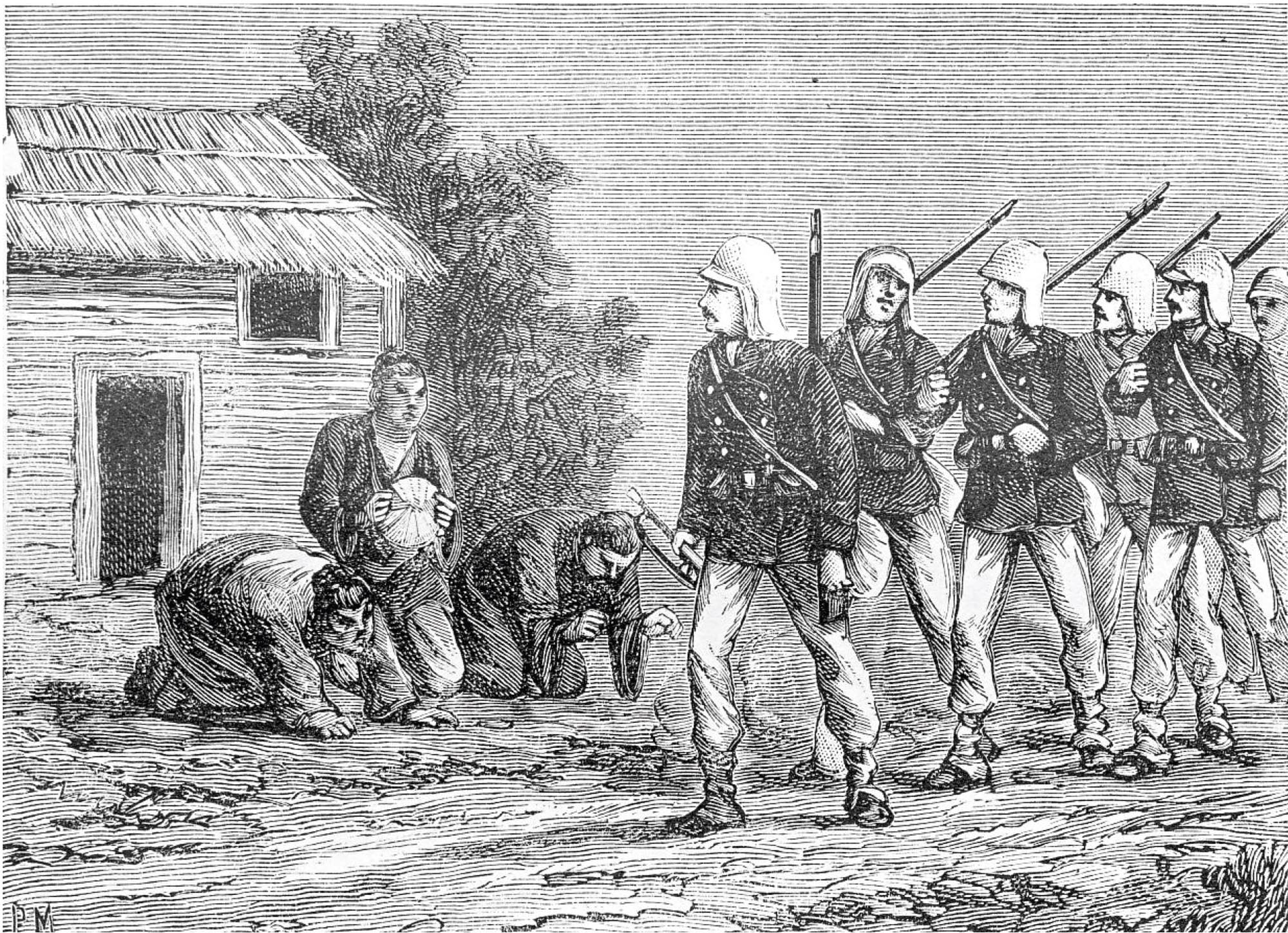 Etching of French soldiers marching down a road while Vietnamese villagers bow.