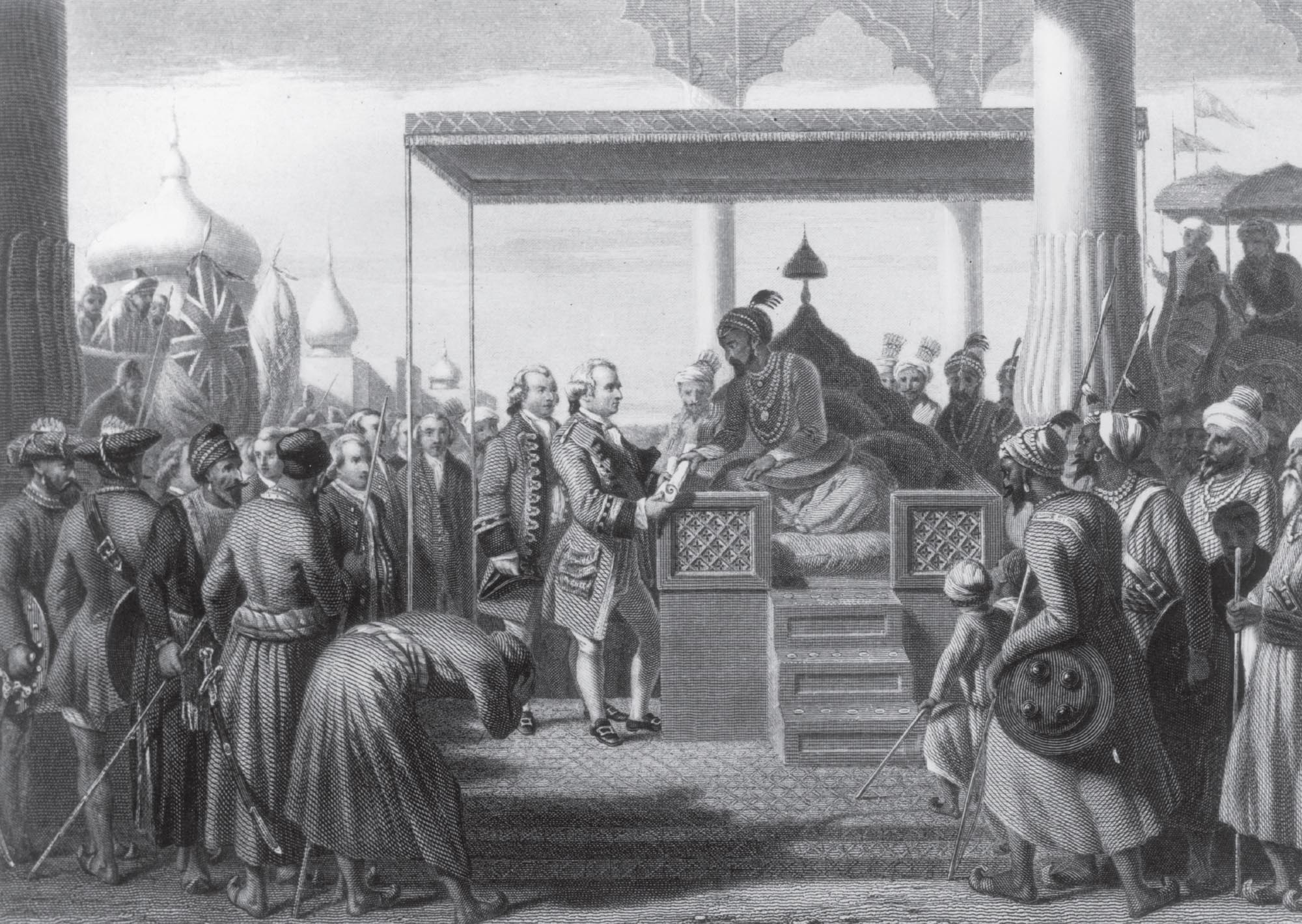 The British governor of India receives a decree from the Mughal Emperor giving the East India Company revenues from the regions of Bengal, Behar, and Orissa.