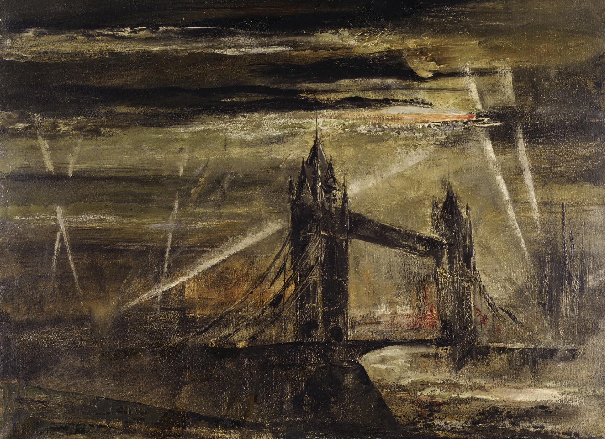 Tower Bridge standing centre of painting with the red streak of a flying bomb travelling across the sky aboveit, tracked by searchlights.