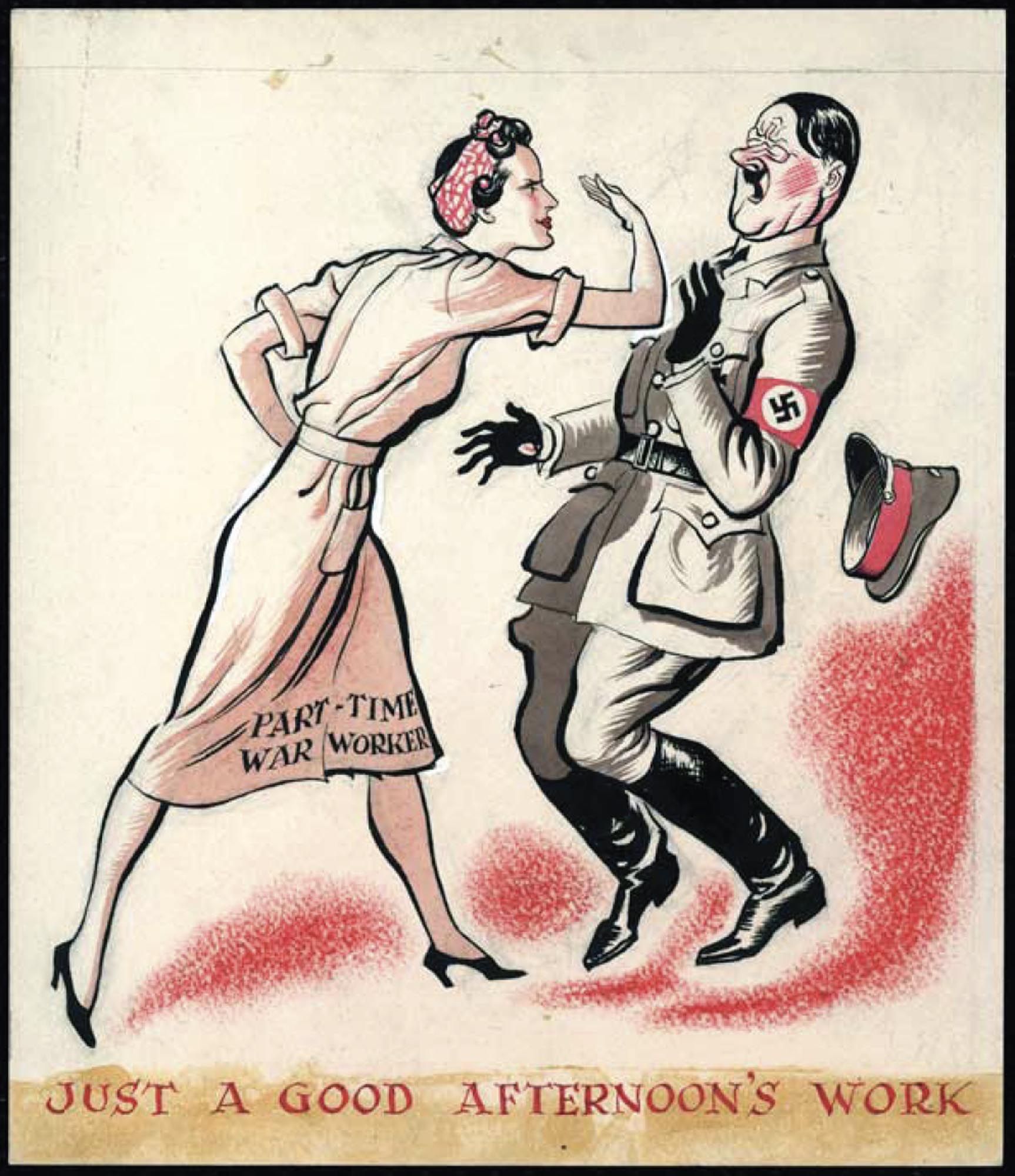 Drawing of a woman war-worker aggressively slapping Hitler across the face.