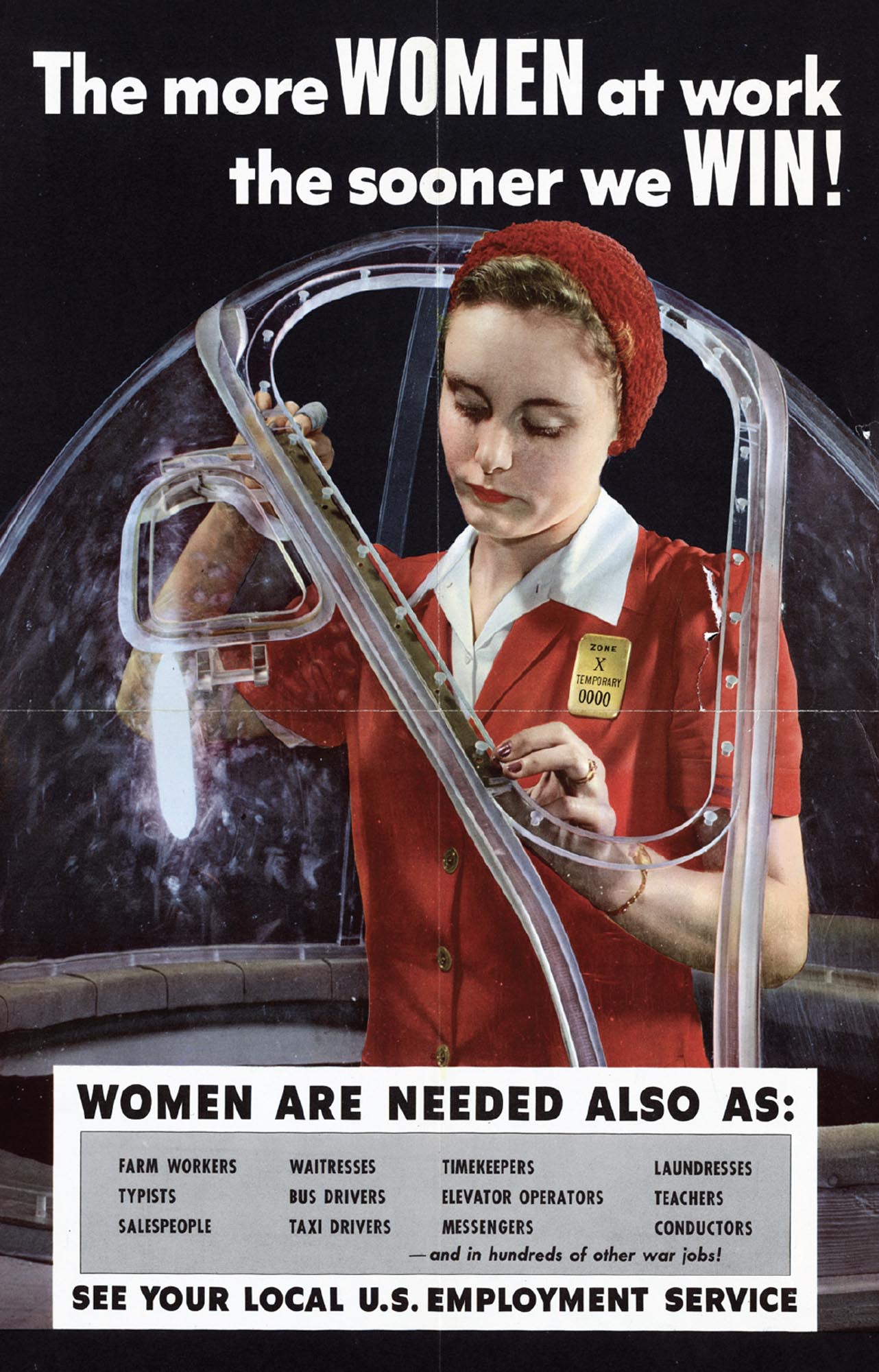 Propaganda poster of a young woman working at an aircraft factory.