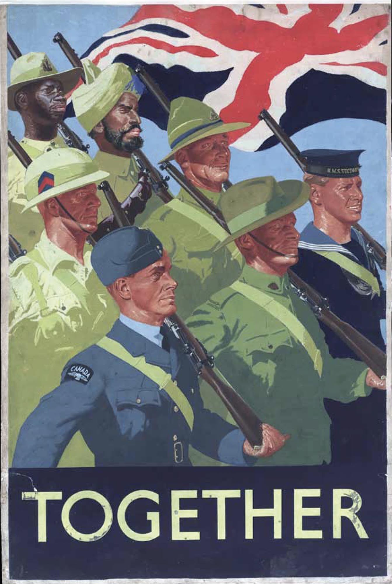 Poster of uniformed Commonwealth servicemen marching under a flying Union Jack flag, with the slogan ‘Together’.  