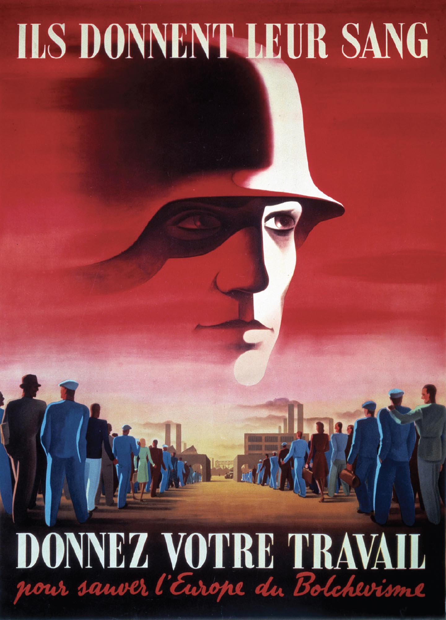 Propaganda poster urging French citizens to participate in work programs. Workers on their way into a factory with the portrait of a German soldier above.
