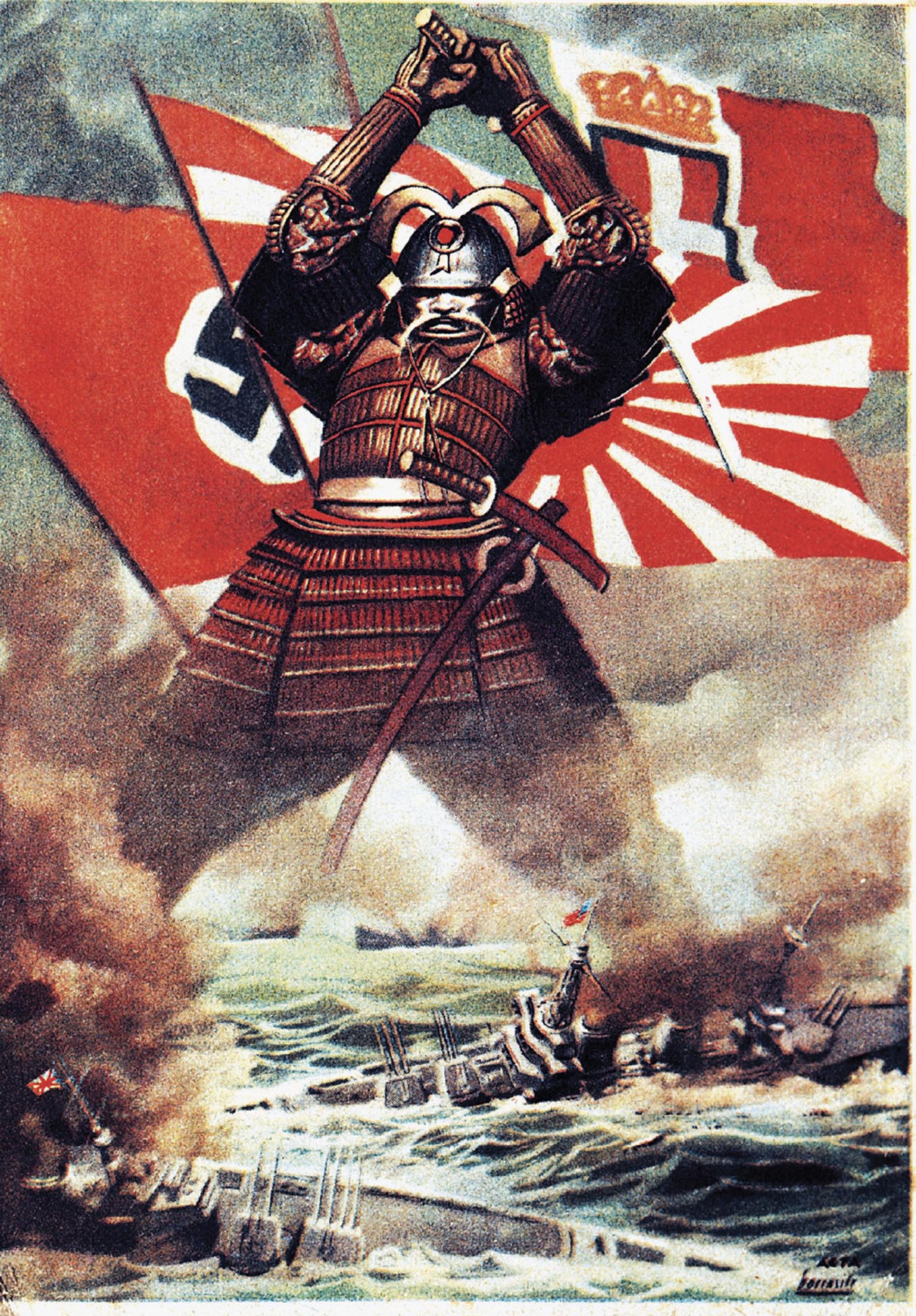 Poster of a huge Japanese samurai sinking the American fleet at Pearl Harbor. A samurai holds a sward above his head with axis flags in the background.