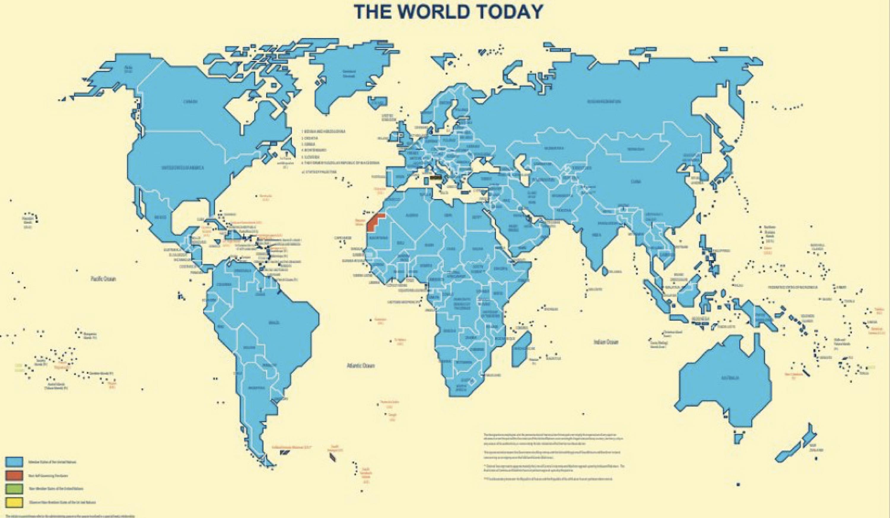 World map with the member states of the United Nations as of today shaded in blue. Compared to the 1945 map, almost every country shown is colored in blue.