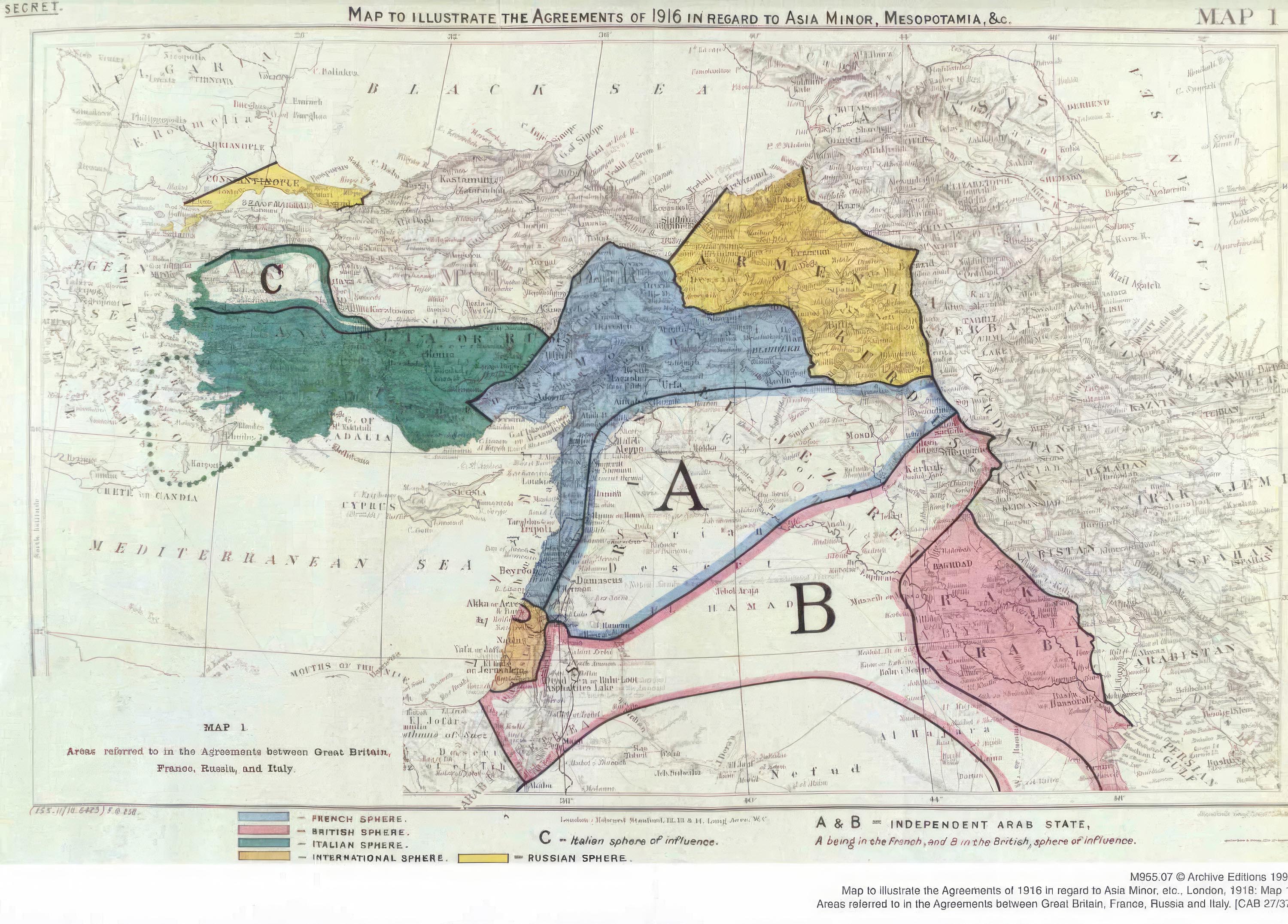 Map showing how the Middle East was carved up as a result of the Sykes-Picot agreement.