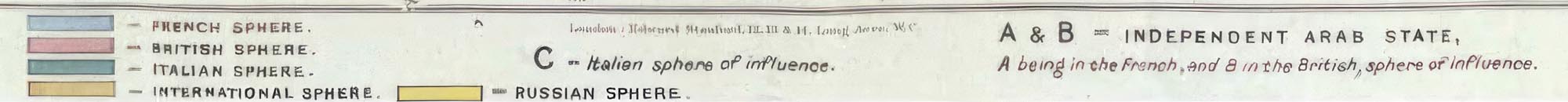 A zoom into the map legend that shows a list of countries that controlled the Middle East, French, Britain, Italy, International, and Russia.