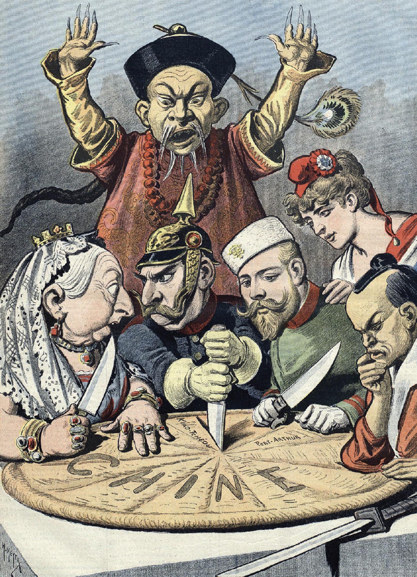 Cartoon that depicts various world leaders using knives to divide up a pastry with the word “China” written on it. In the background, a Chinse emperor holds up his hands in an attempt to stop them.