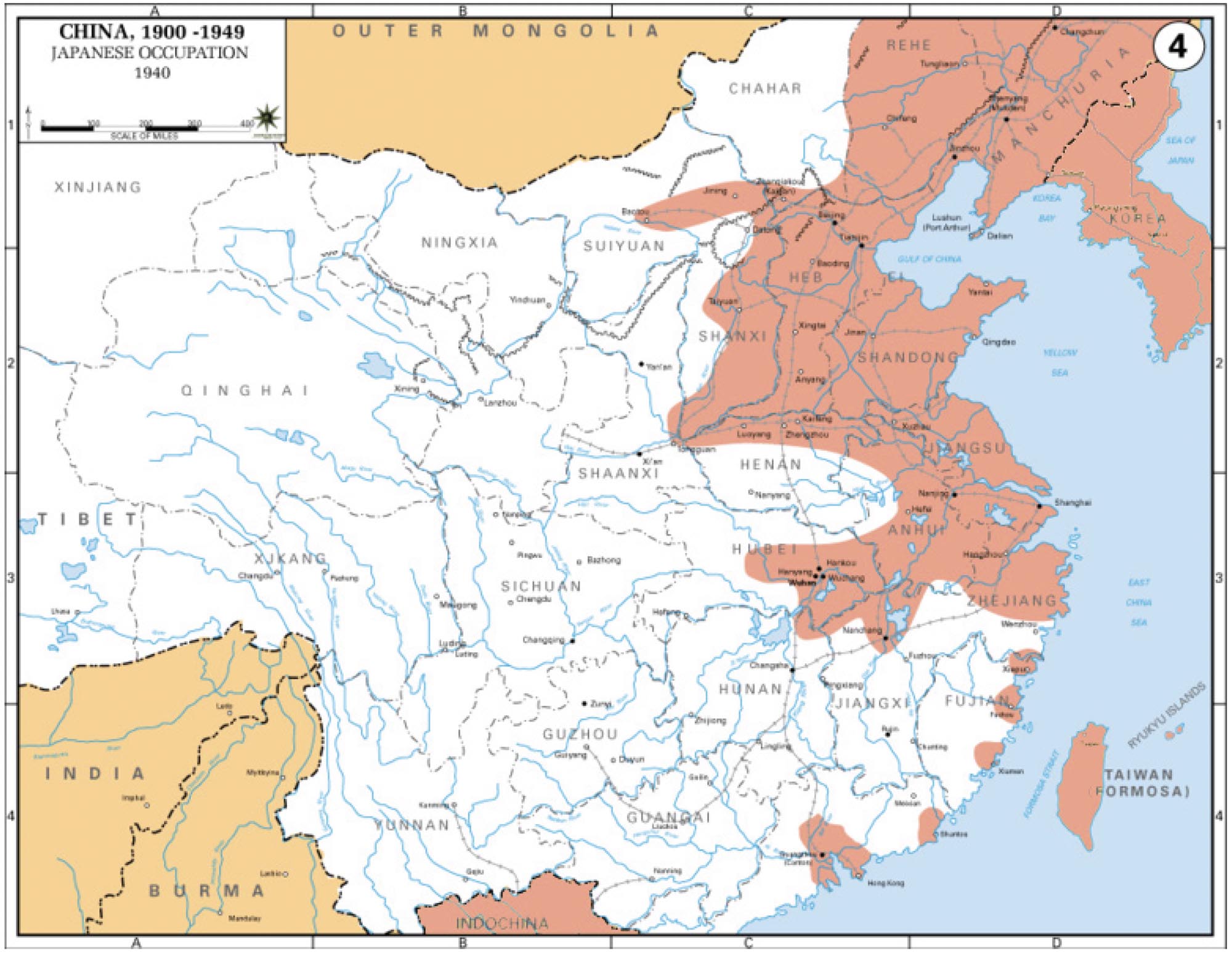 Map of China showing the extent of Japanese occupation in 1941 in red.