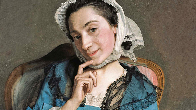 Portrait of Louise d’Épinay in a blue dress and white bonnet with her hand resting on her chin.