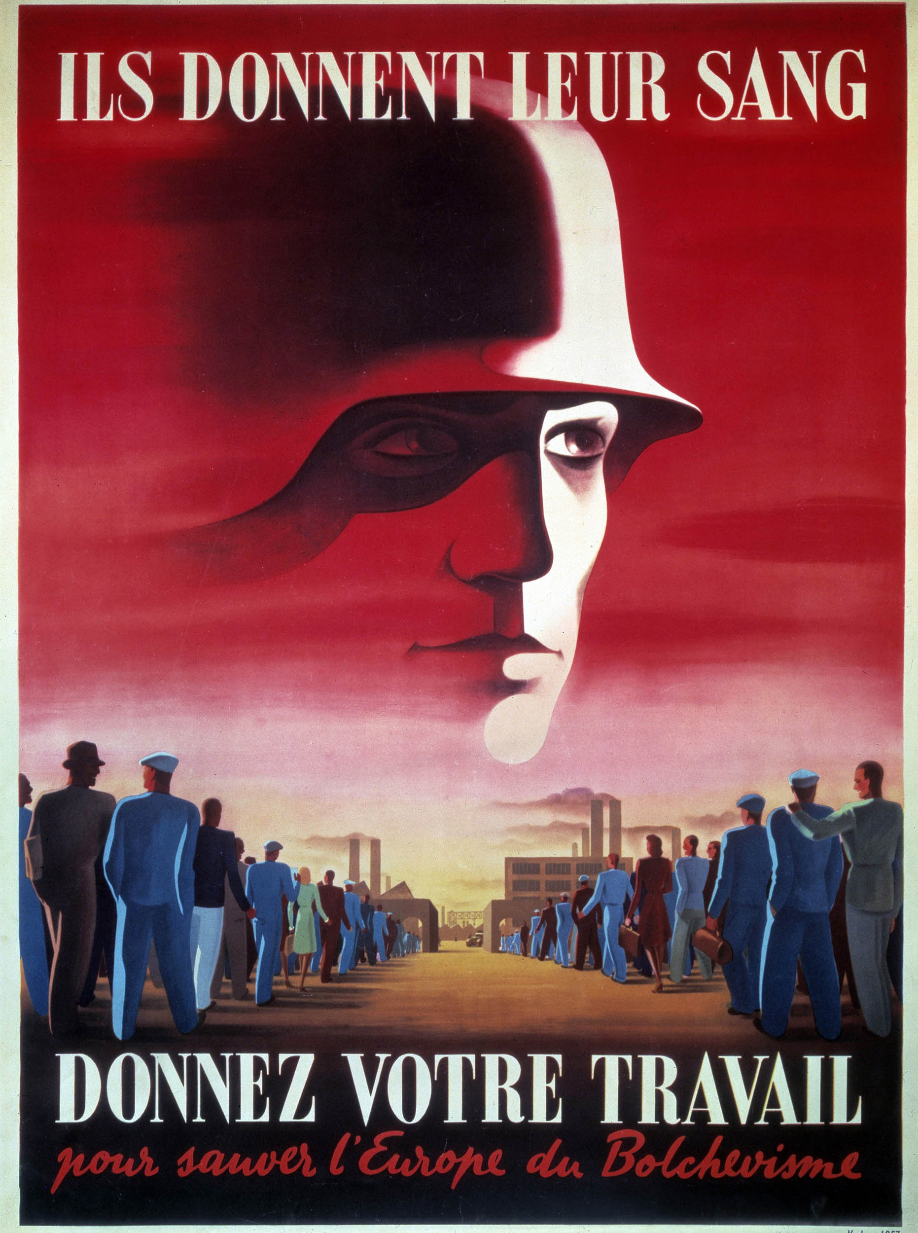 A dramatic, red-toned propaganda poster showing a large soldier’s helmeted face in the sky above a crowd of workers walking toward a factory. 