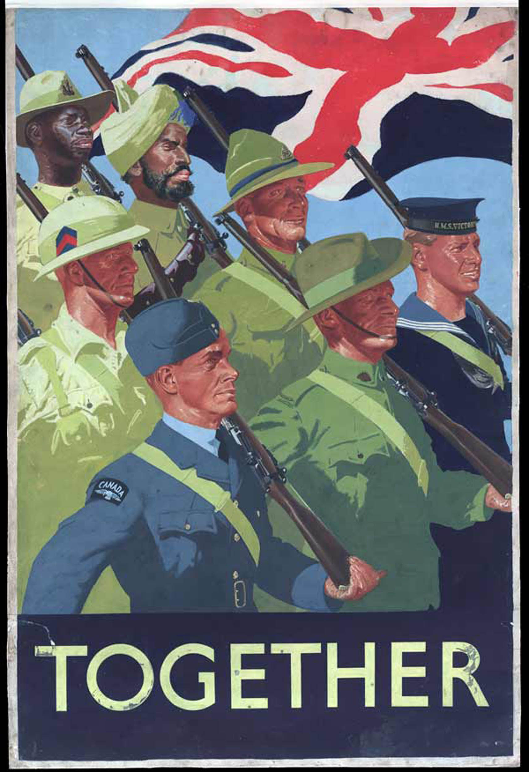 A World War II-era poster featuring soldiers from across the British Empire, depicted in varied uniforms and skin tones, marching in unison beneath a large Union Jack. 
