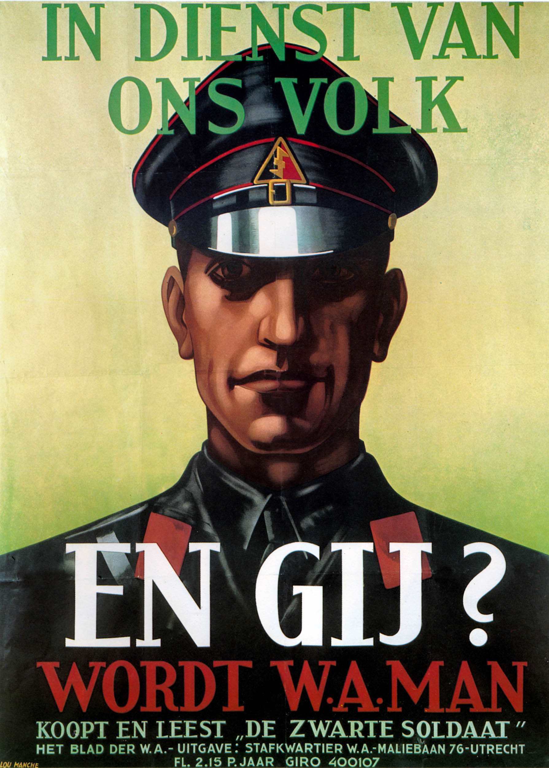 An illustration of a man in a black uniform and peaked cap with red accents, staring directly ahead. Bold green, white, and red text surrounds him on a yellow background.