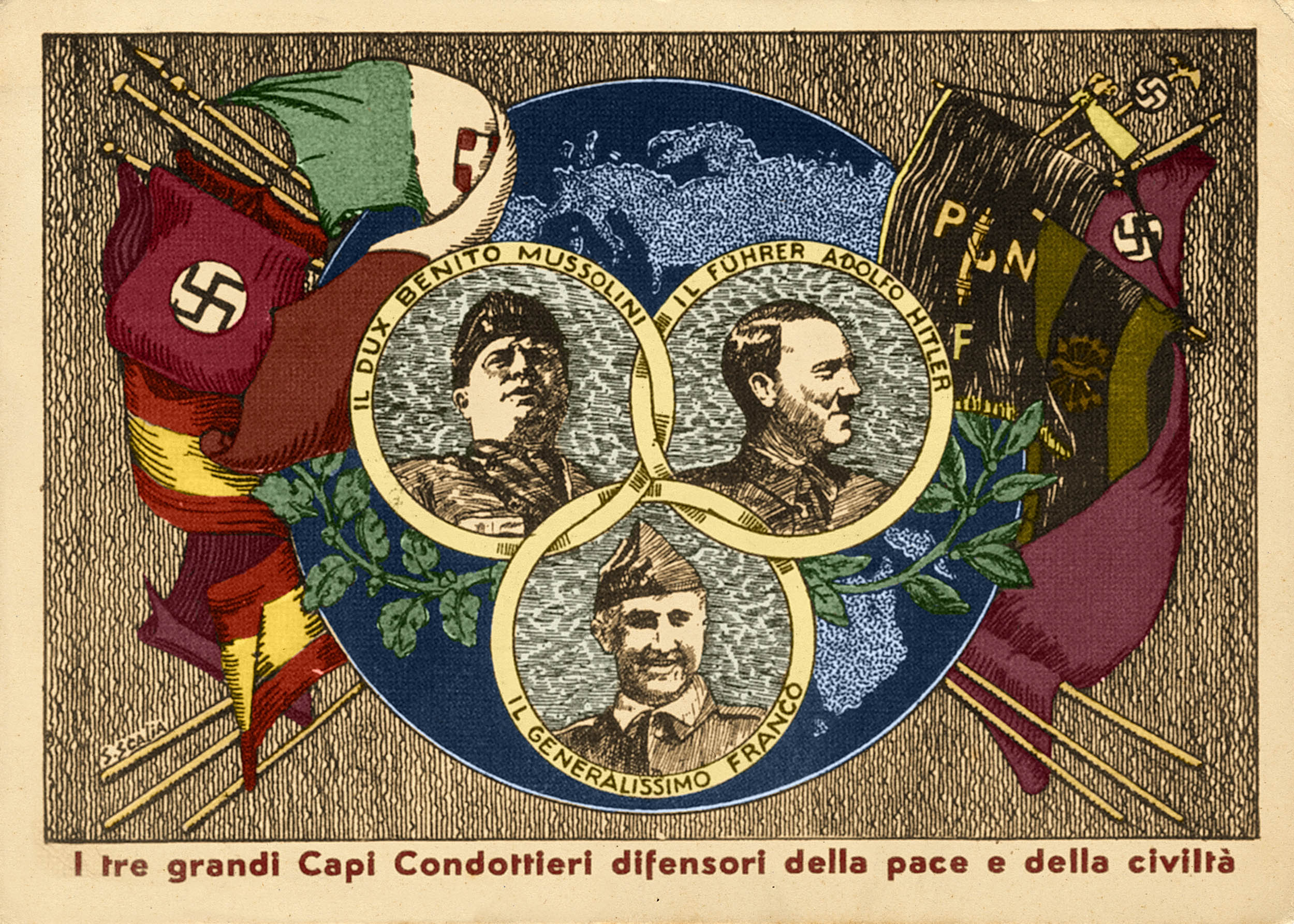 A colorful propaganda postcard showing portraits of Mussolini, Hitler, and Franco in overlapping rings over a globe. Nazi, Italian, and Spanish flags frame the image.
