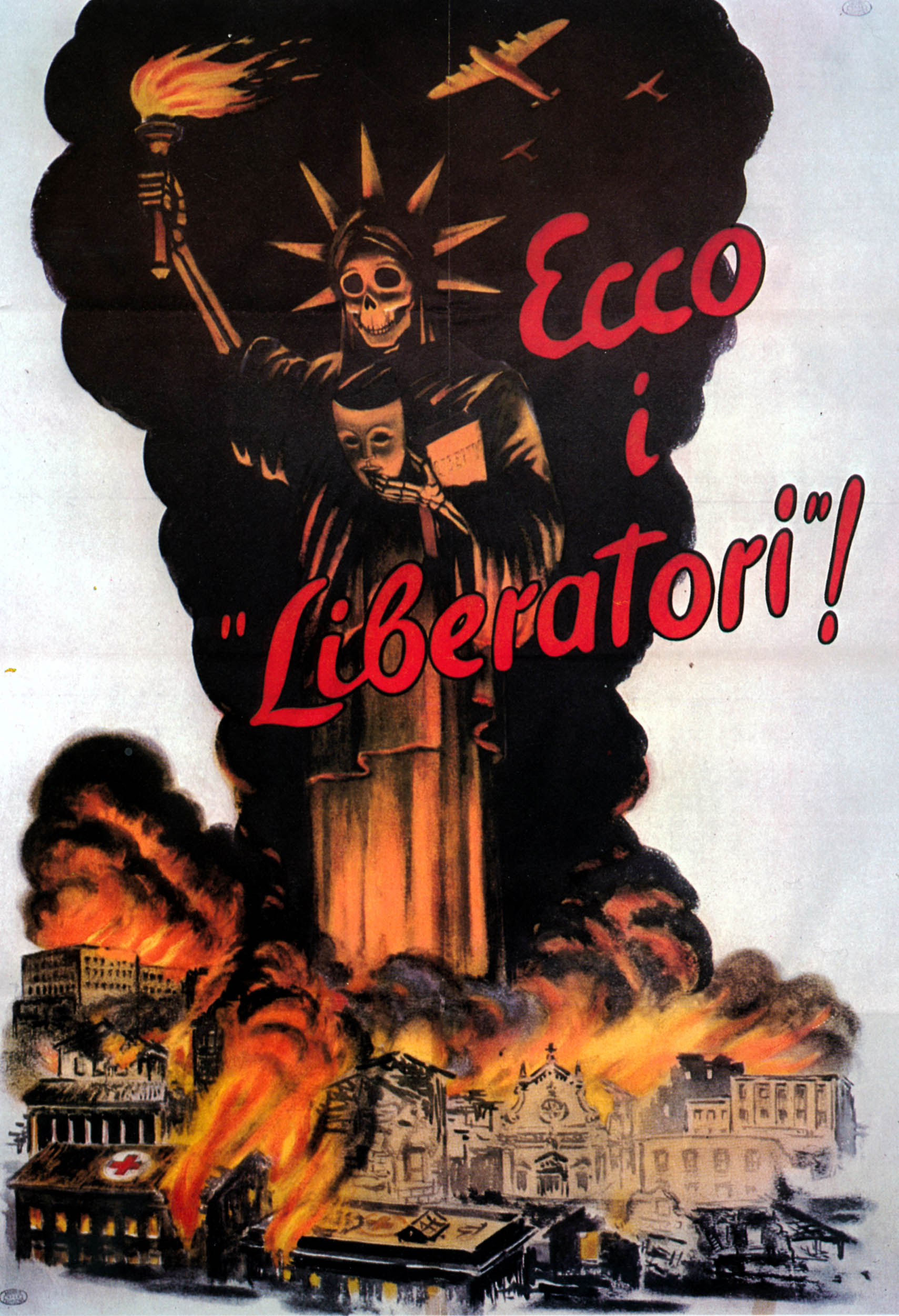 A dark propaganda poster showing a skeletal figure dressed as the Statue of Liberty holding a mask and torch, rising from smoke above a city engulfed in flames and bombs. 