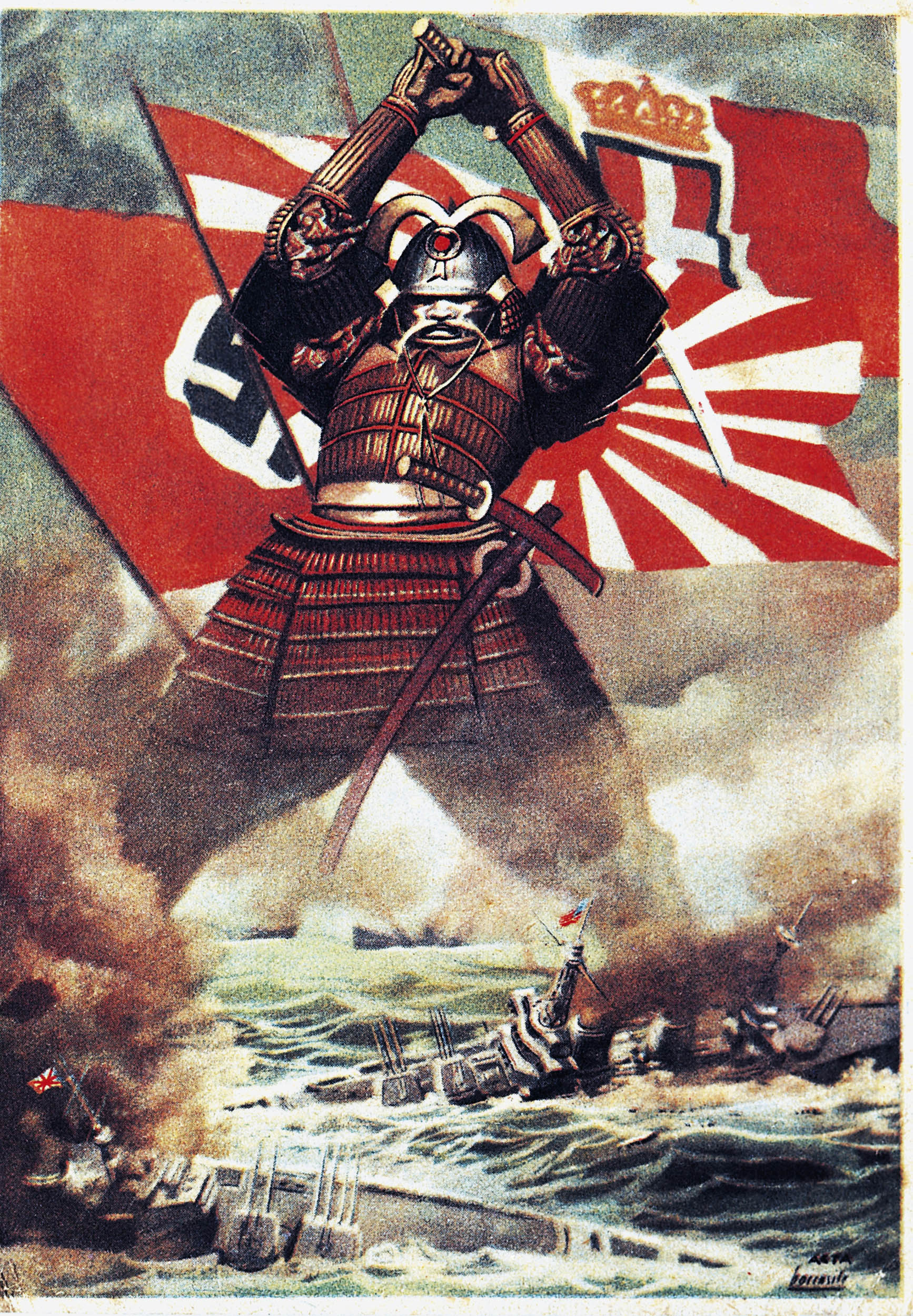 A giant samurai in full armor towers over a naval battle, sword raised above his head. Behind him, Nazi, Japanese, and Italian flags billow dramatically in the smoke-filled sky.