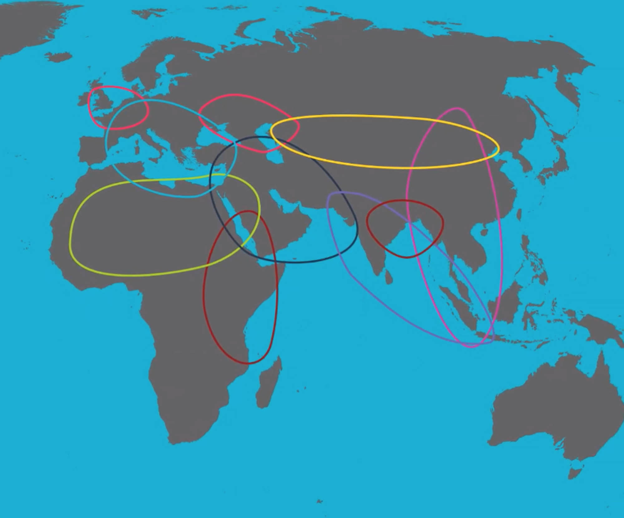 A map of the world with various colorful lines indicating trading circuits.