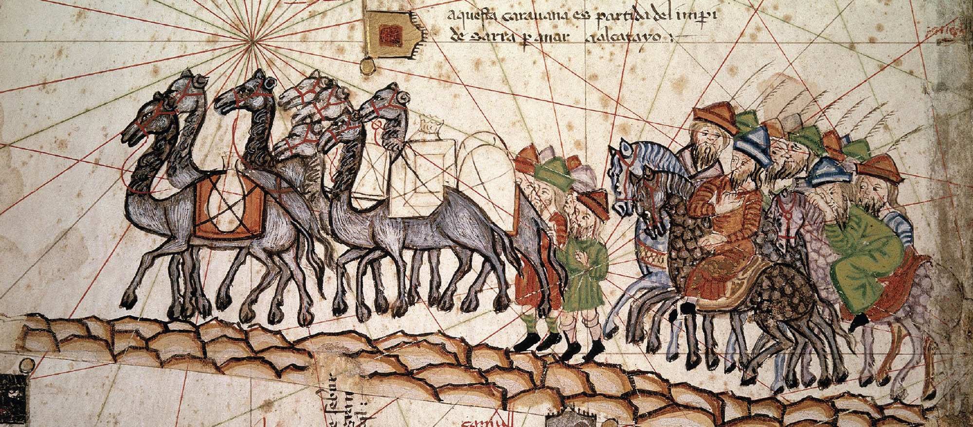 Illustration of a trade caravan led by a parade of camels and followed by men on horseback.