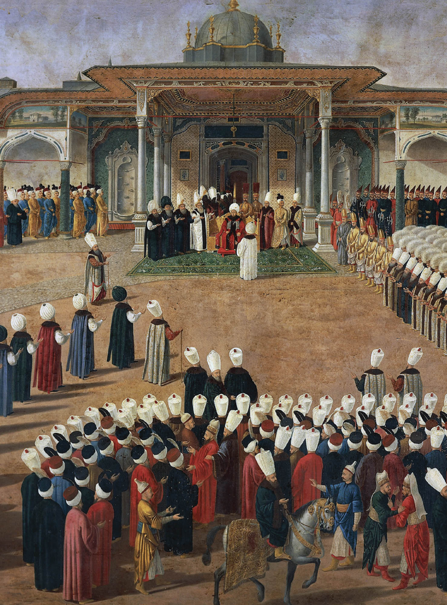 Illustration of the Ottoman emperor seated in the middle of his palace courtyard while lines of men dressed in fancy robes and hats gather around him.