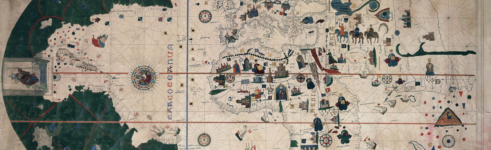 An old map of the world with many small symbols such as pyramids, ships, and people on horses.
