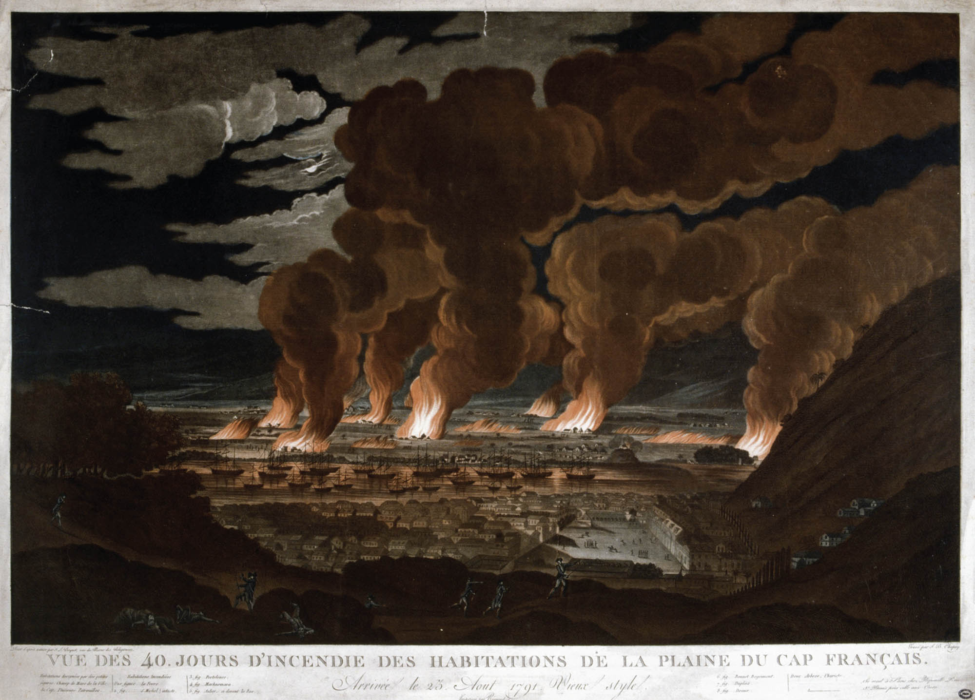An illustration of burning fields and smoke billowing up into the night sky as soldiers fight each other.