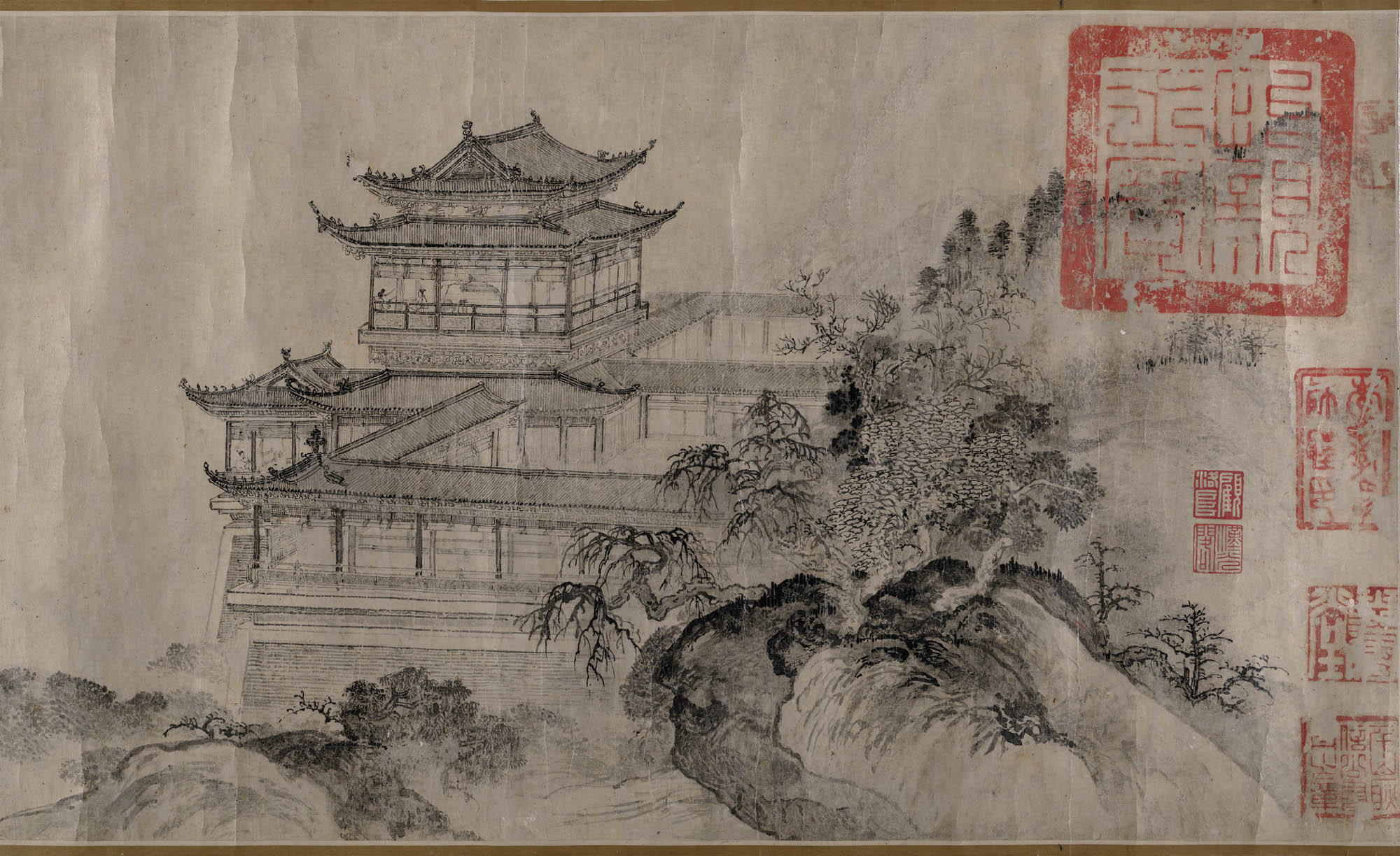 A black ink painting on paper showing the Pavilion of Prince Teng.
